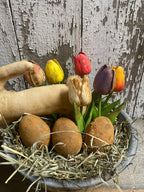Primitive Bunny Tulips And Blackened Wax Eggs In Antique Enamelware Bowl 12x9