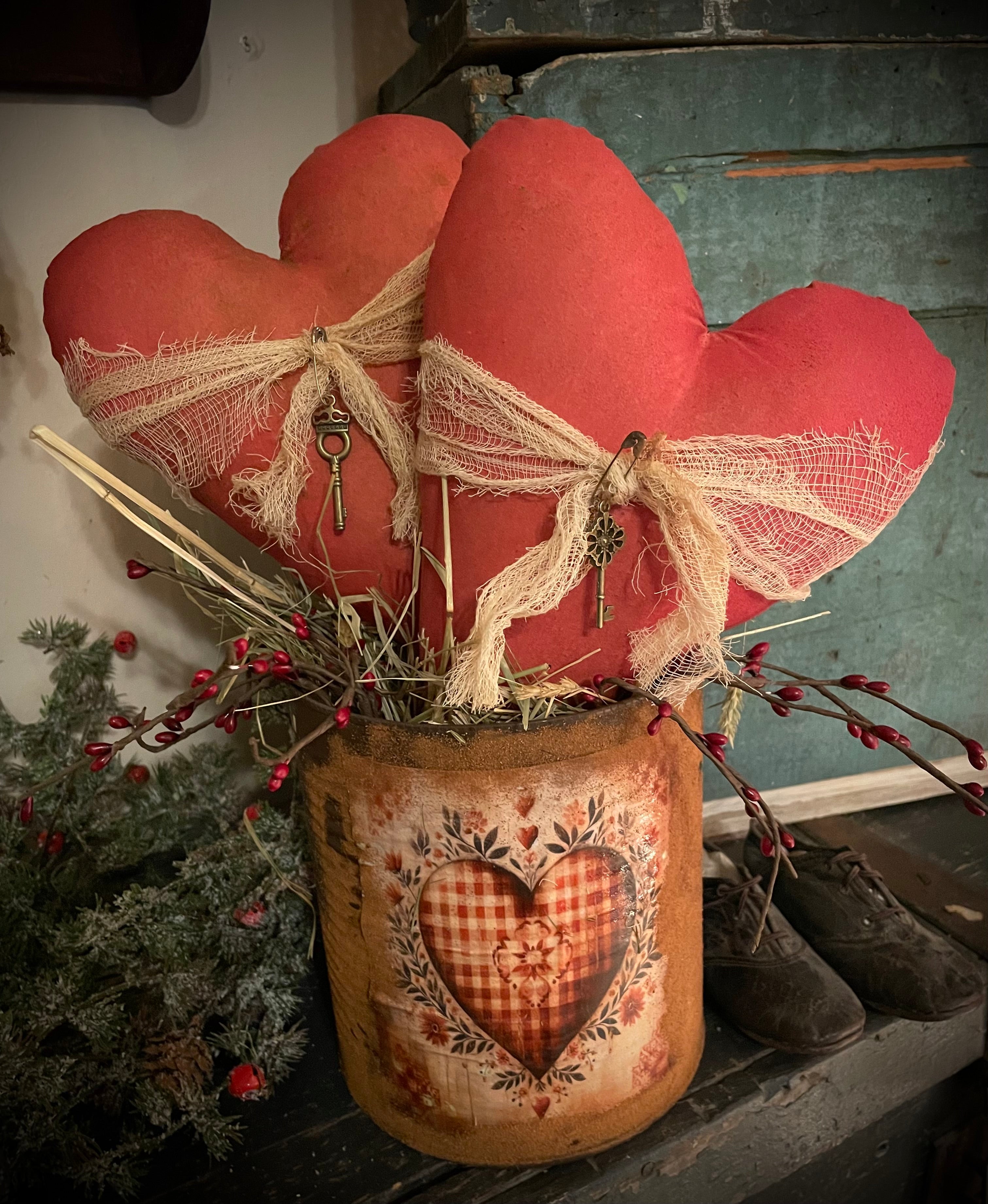 Primitive Valentines Two Hearts In Can Shelf Sitter 16x7