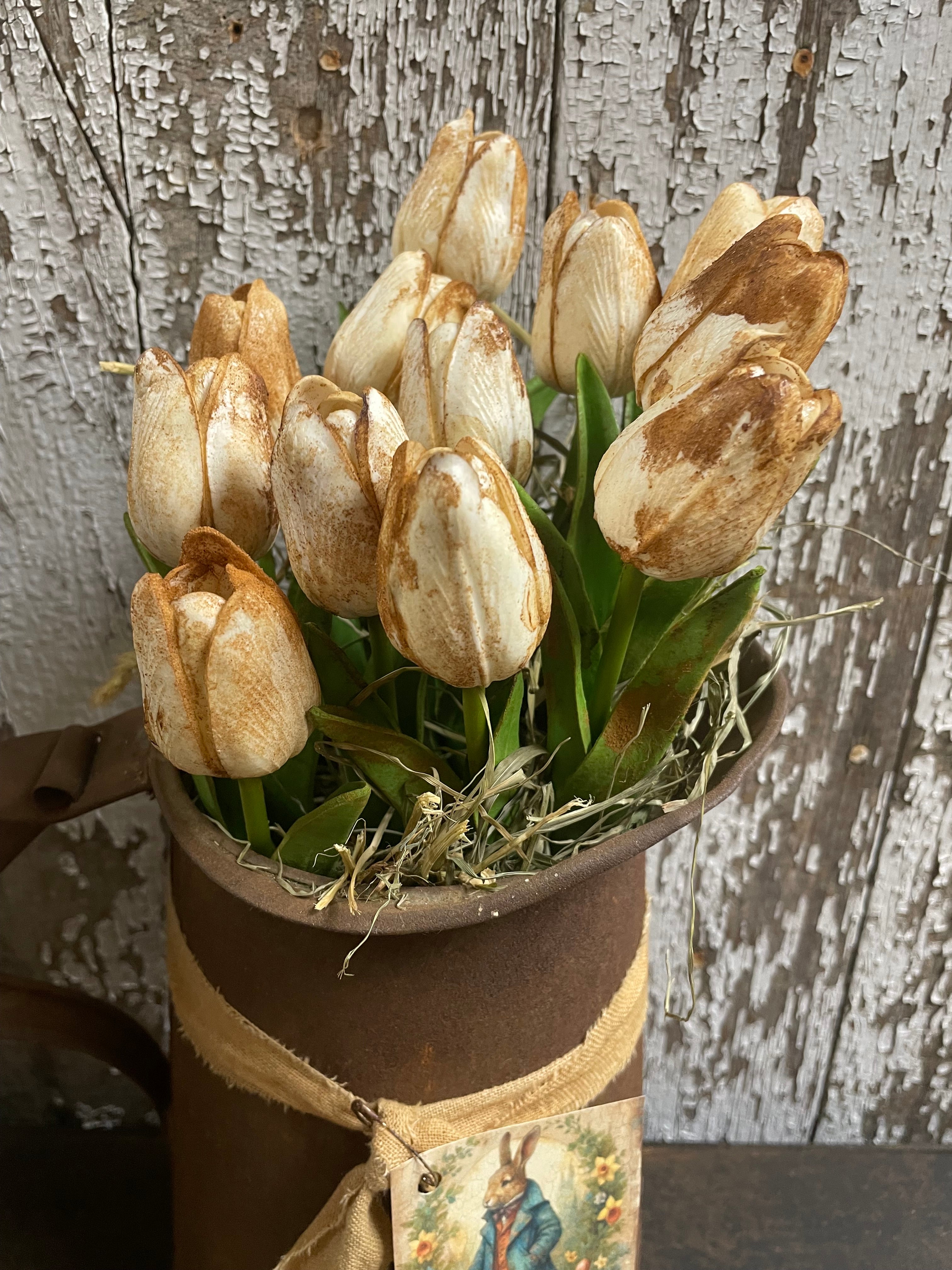 12 Primitive Tulips In Antique Rusty Water Pitcher Gathering 17x9
