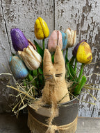 Primitive Peep And Ten Tulips In Antique Sifter Gathering 12x7