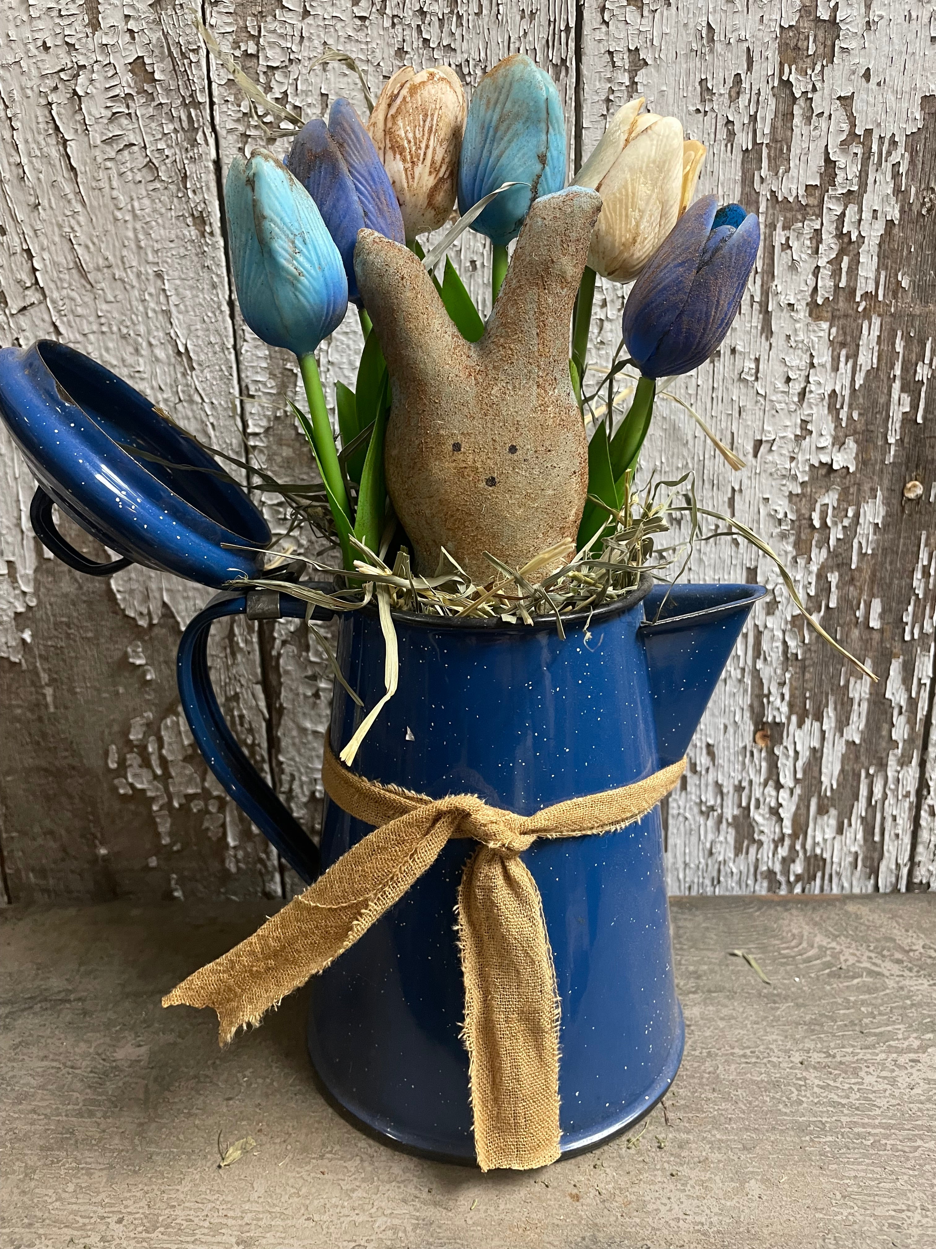 6 Primitive Tulips And Peep In Antique Tea Pot Gathering 12x8