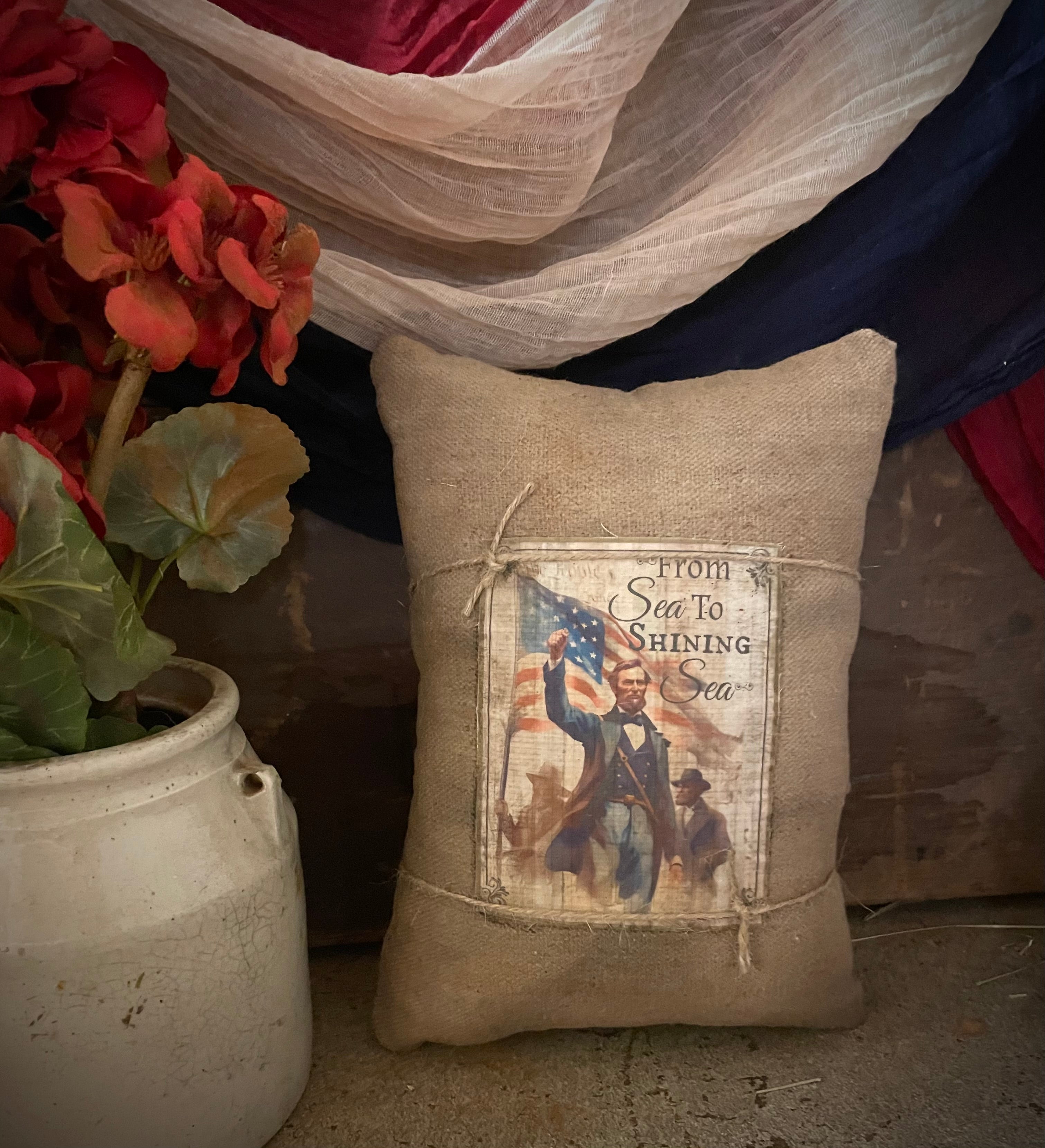 Small Primitive Americana Feedsac Pillow 10x8
