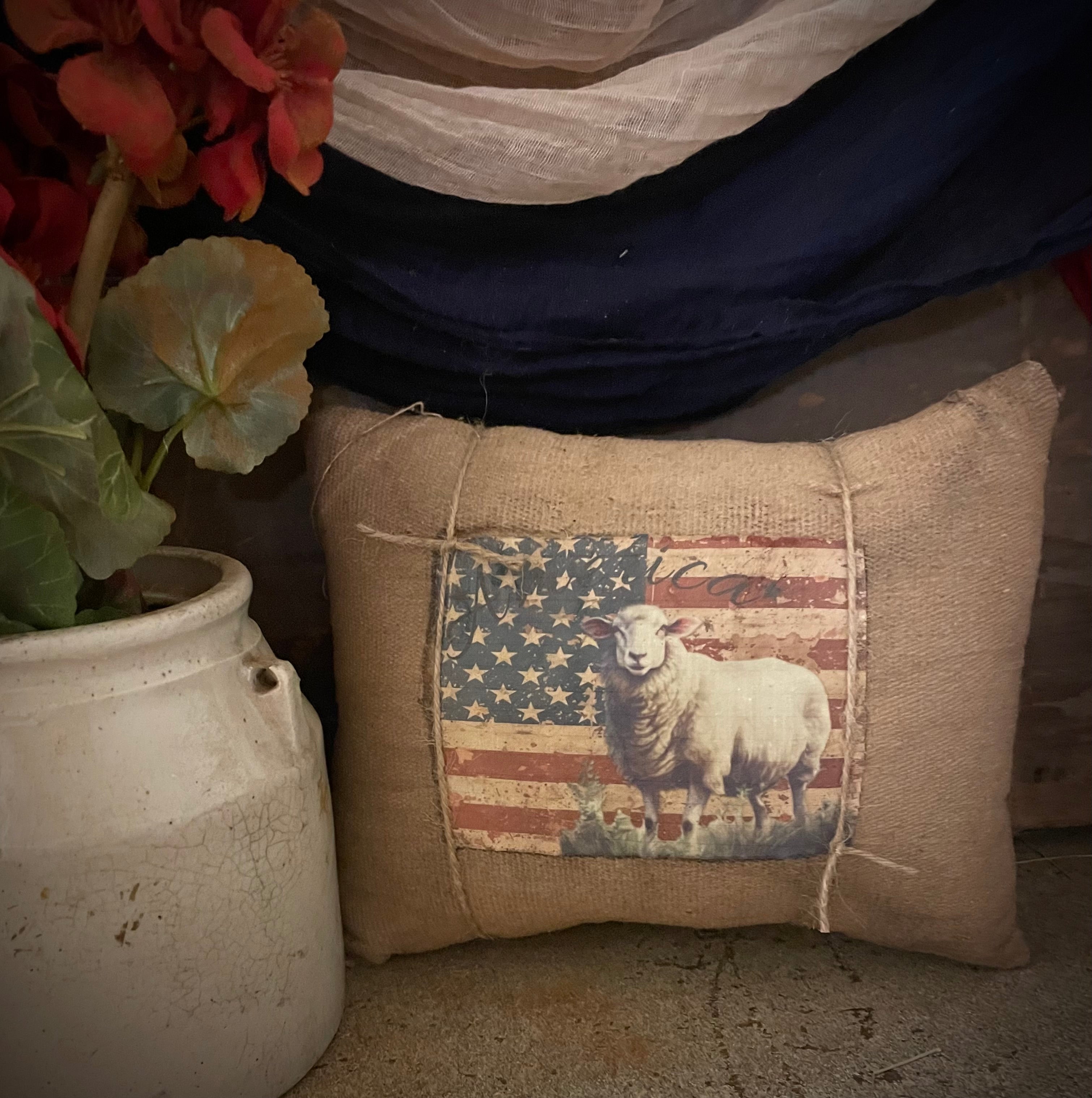 Small Primitive Americana Feedsac Pillow 10x8