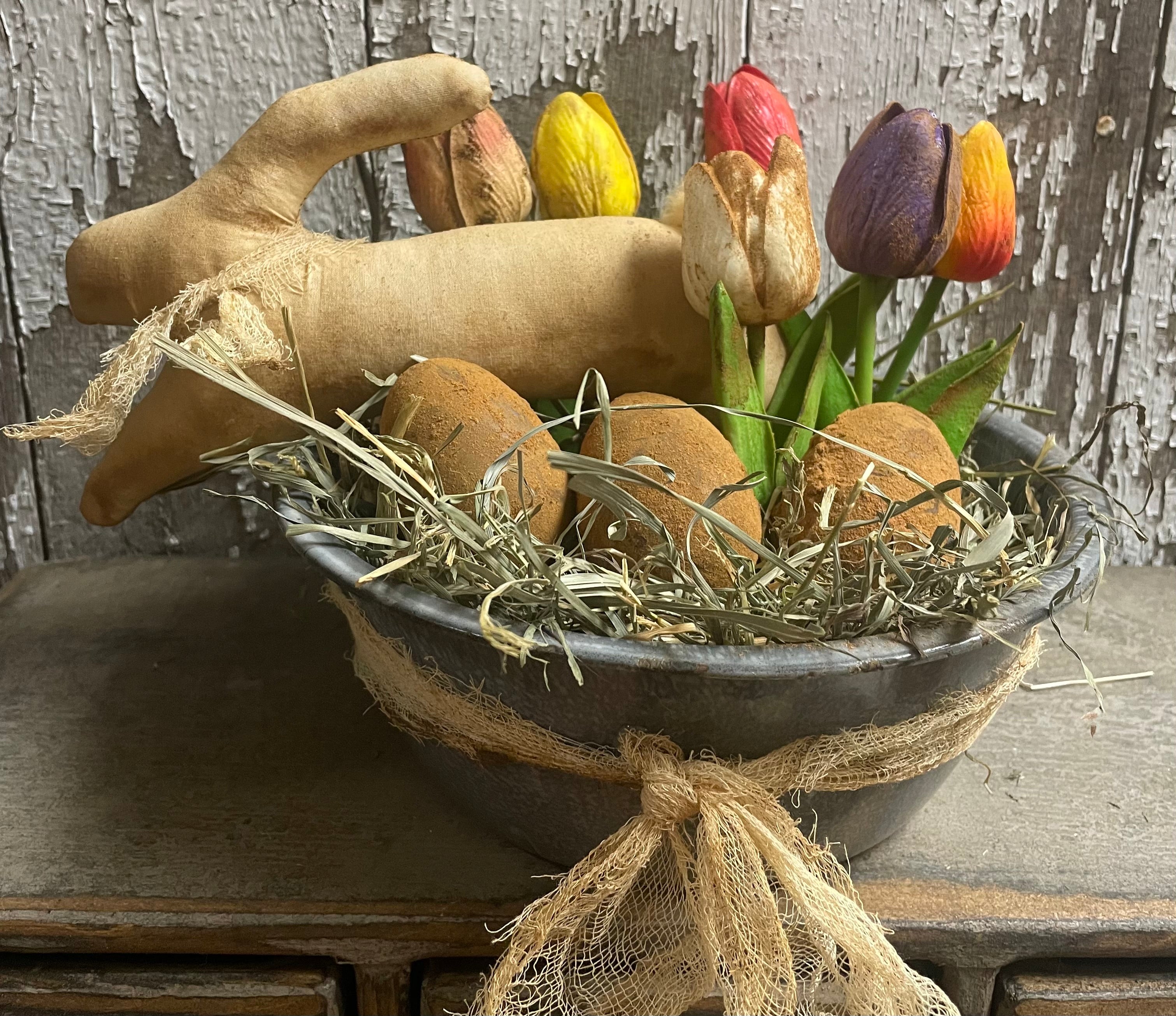 Primitive Bunny Tulips And Blackened Wax Eggs In Antique Enamelware Bowl 12x9