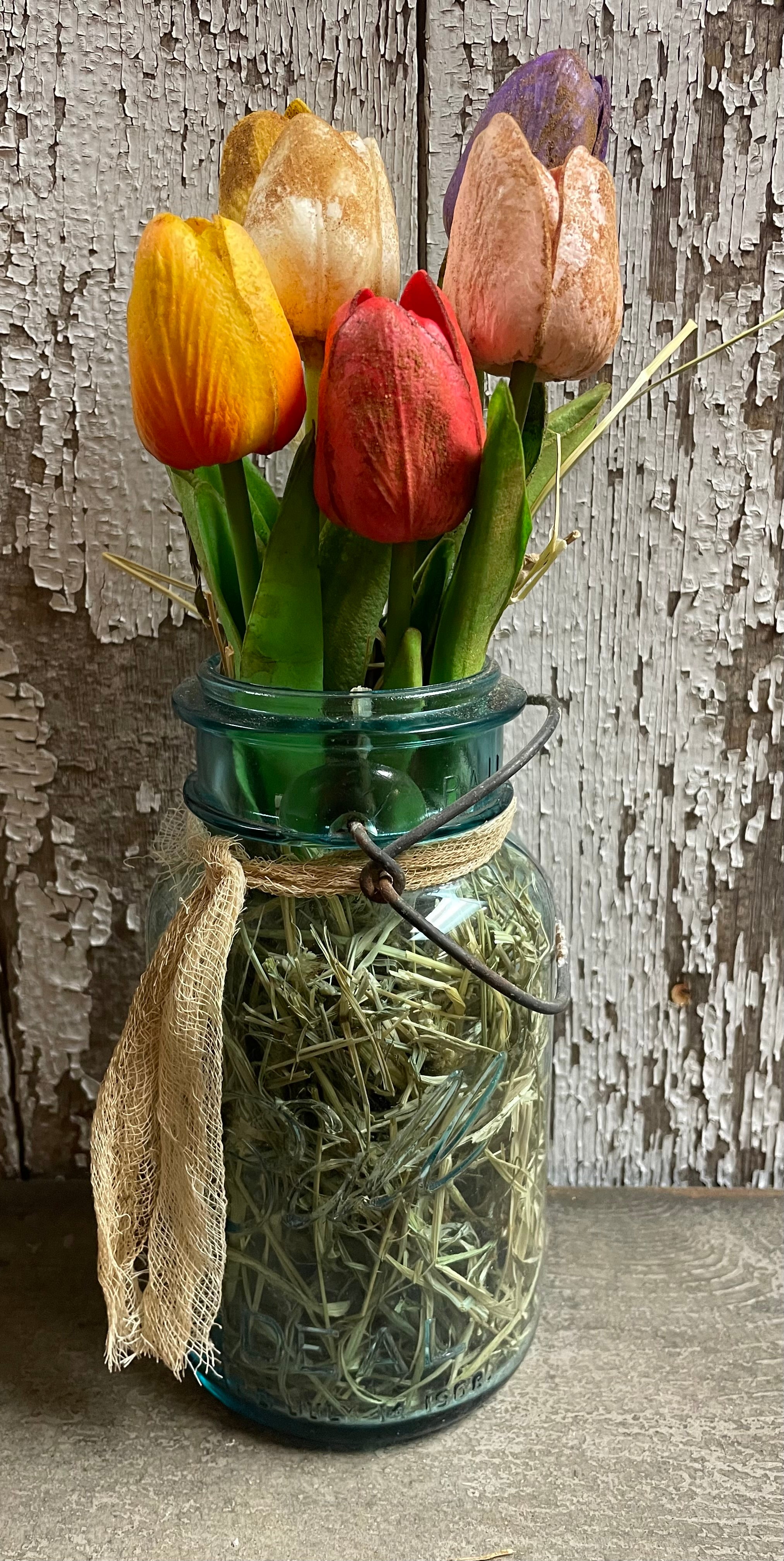 Antique Blue Ball Wire Pint Jar With Tulips 12x4