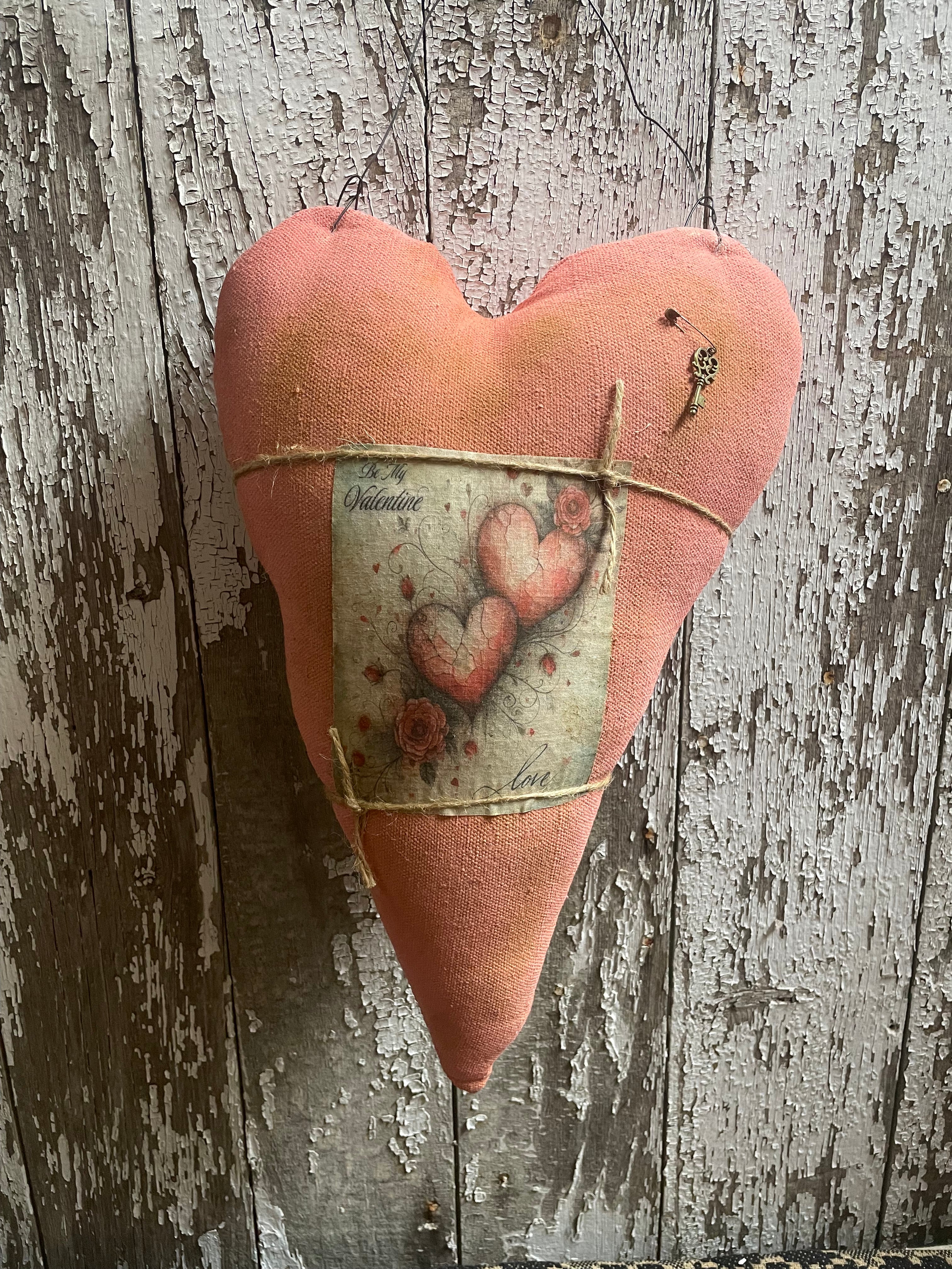 Primitive Grungy Feedsac Heart Door Hanger With Picture Pink 18x11