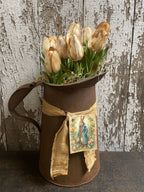 12 Primitive Tulips In Antique Rusty Water Pitcher Gathering 17x9