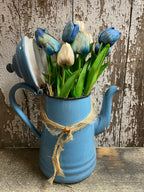 9 Primitive Tulips In Antique Tea Pot Gathering 14x9