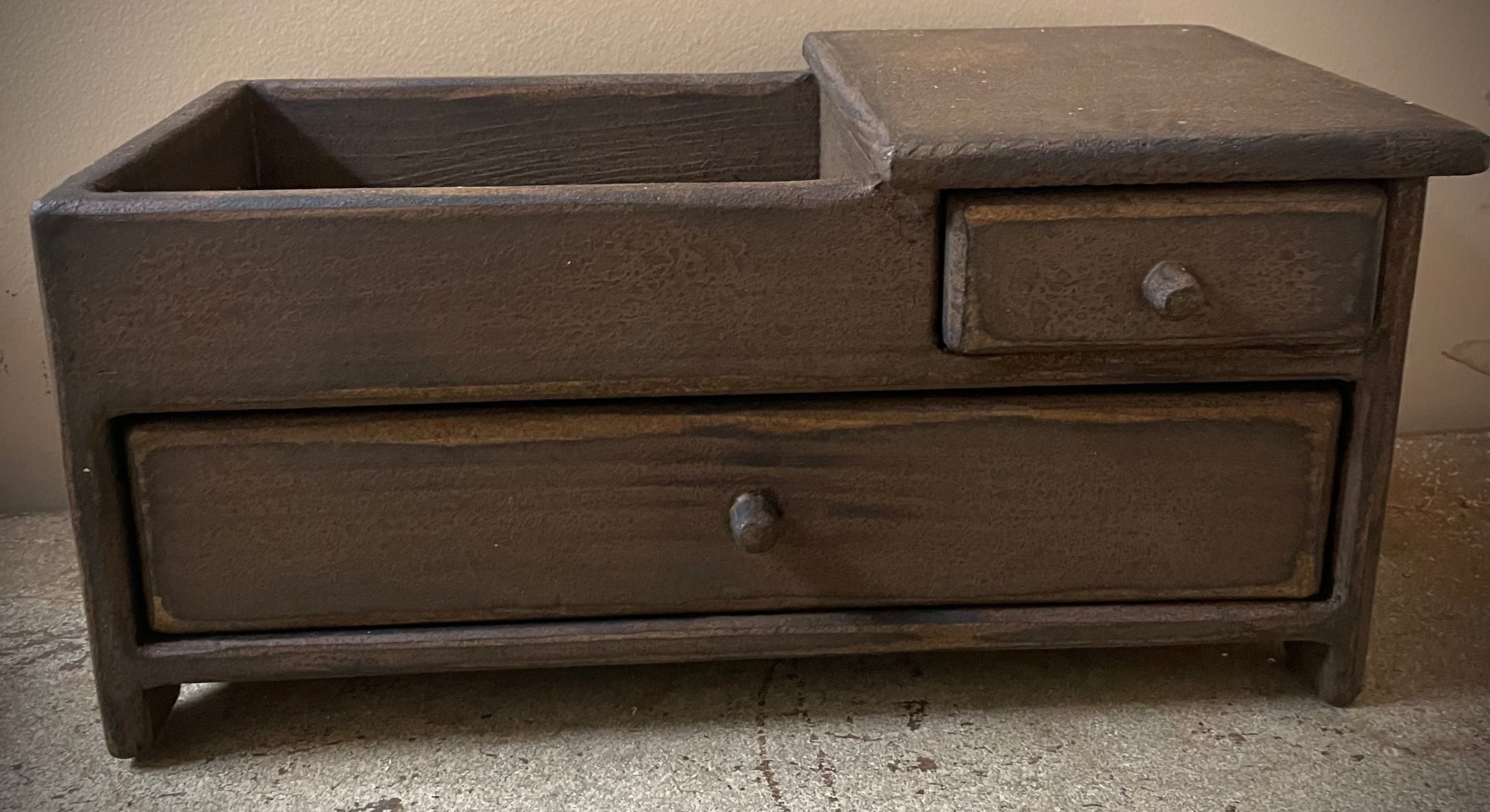 Primitive Wooden Mini Dry Sink with Drawer 14x8x7 Brown Over Mustard