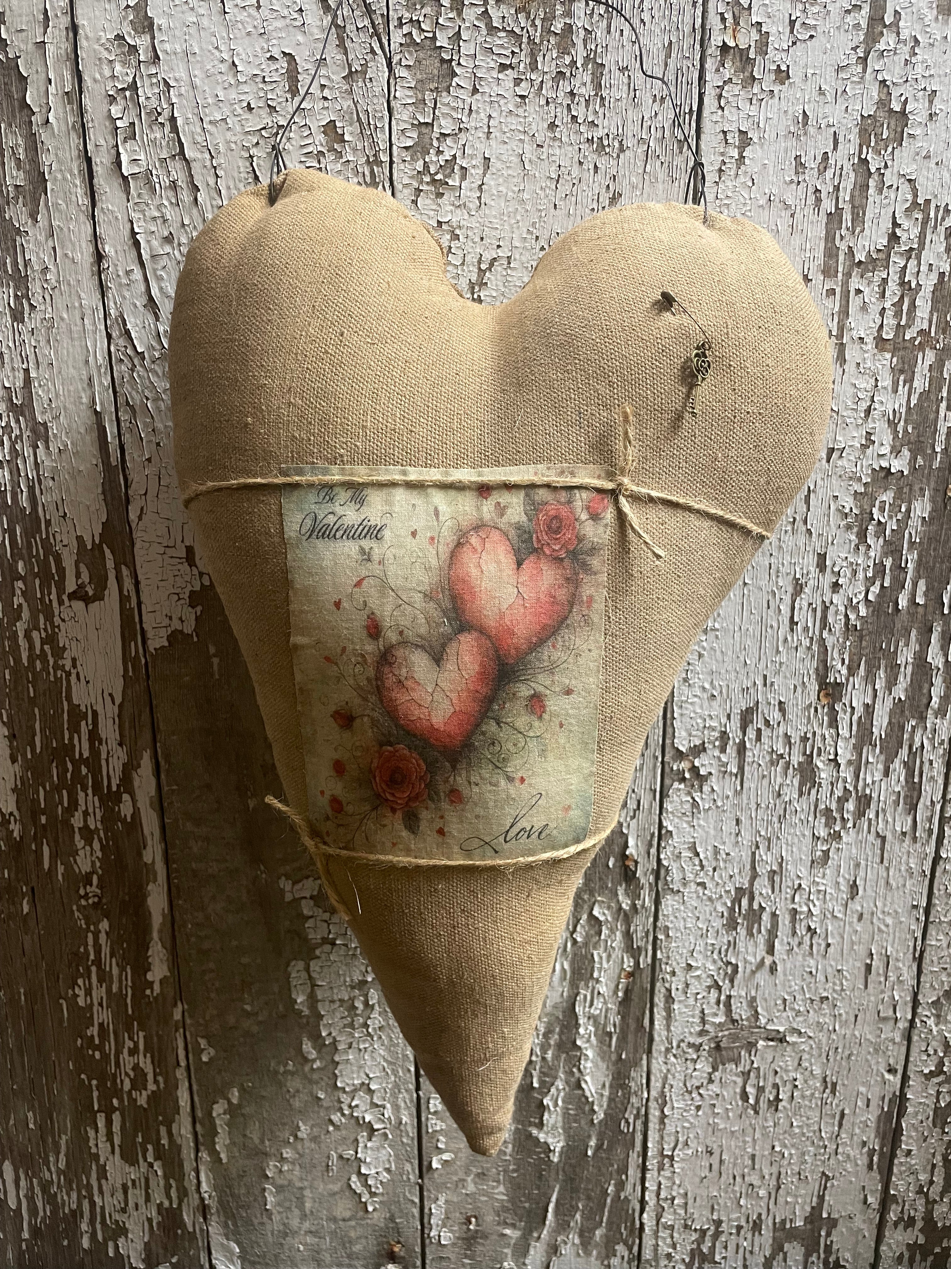Primitive Grungy Feedsac Heart Door Hanger With Picture Tan 18x11