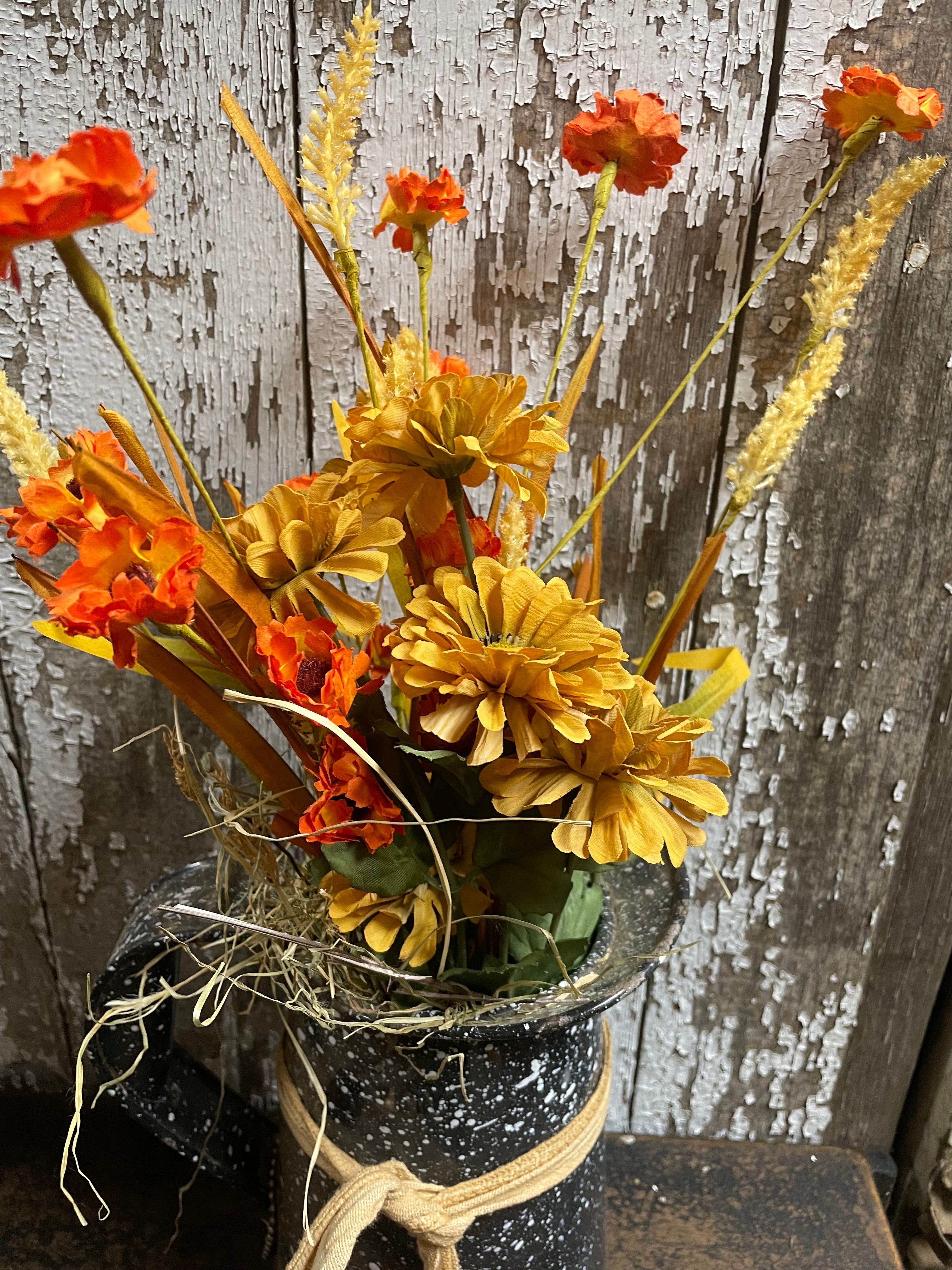 Primitive Flowers In Antique Water Pitcher Gathering 8x16