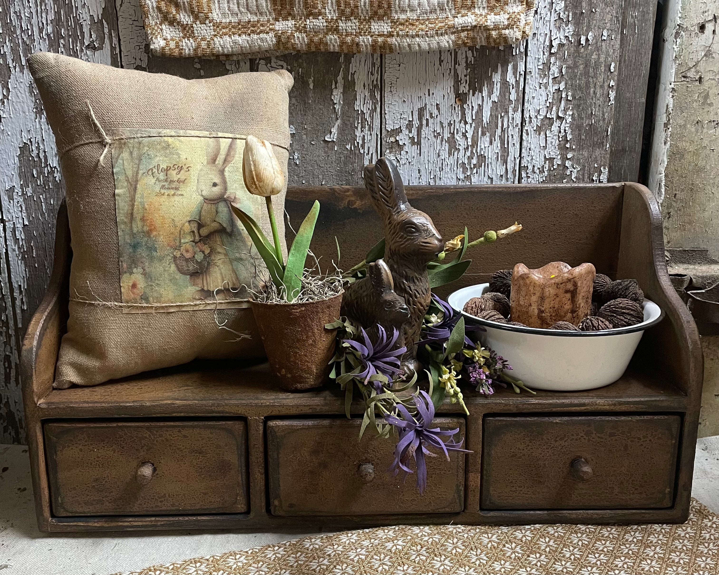 Primitive Wooden Three Drawer Organizer 22x11x8 Mustard