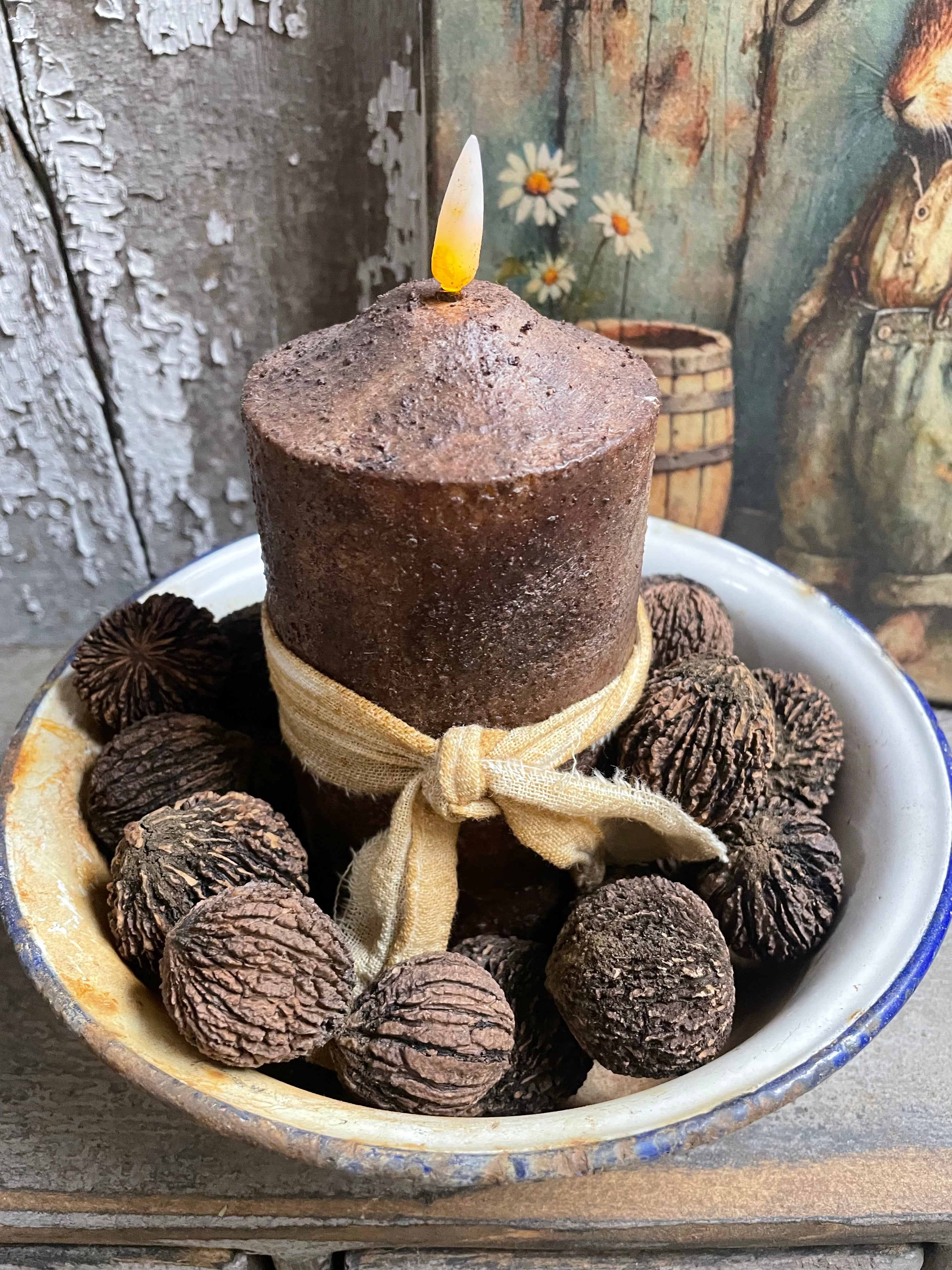 25 Primitives Black Walnuts And Candle In Enamelware Bowl 9x8