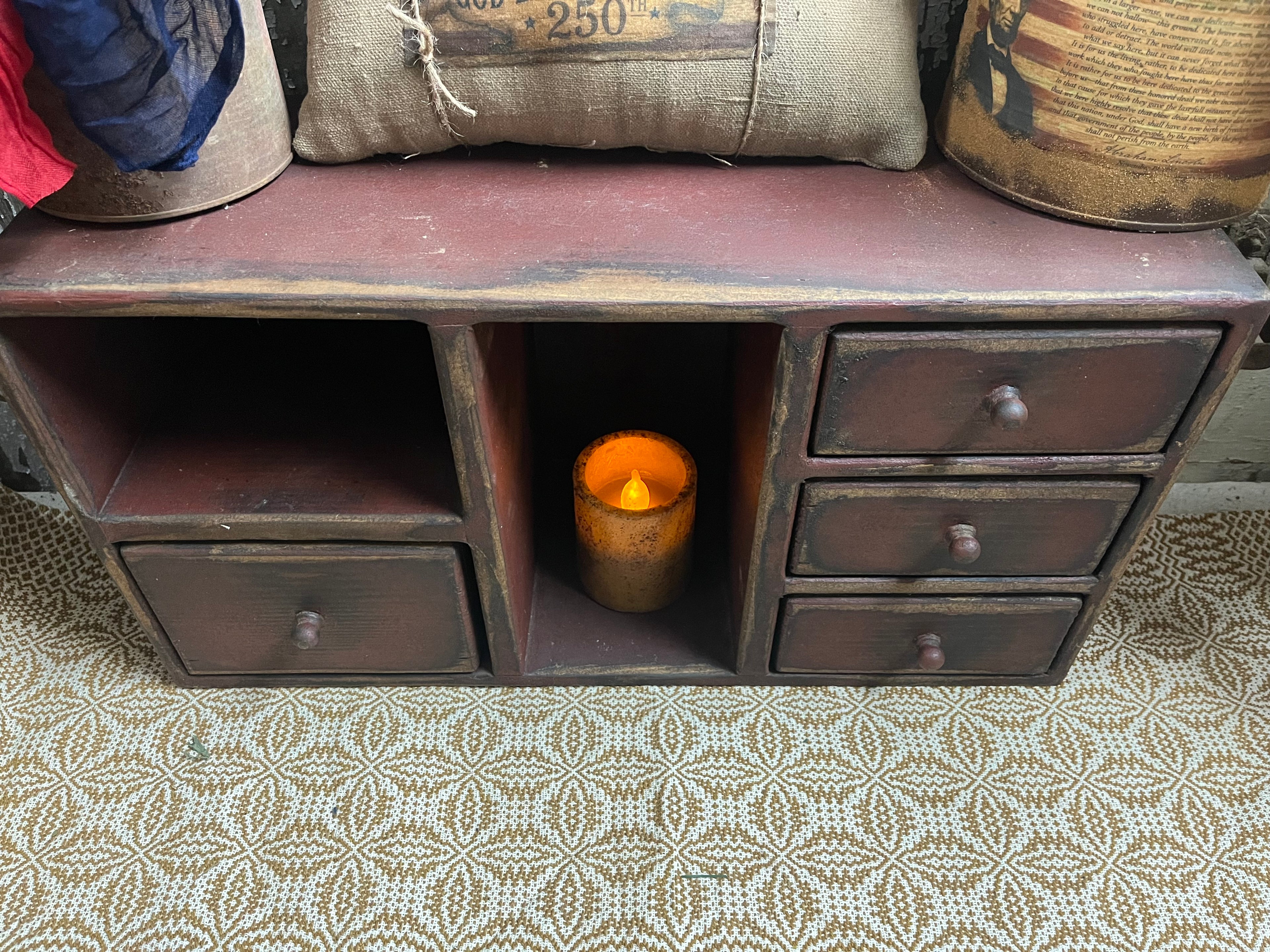 Primitive Wooden Four Drawer Cubby 21x11x7 Red