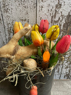 Primitive Bunny Egg Gourd And Tulips With Tapered Candle In Antique Sifter Gathering 12x7