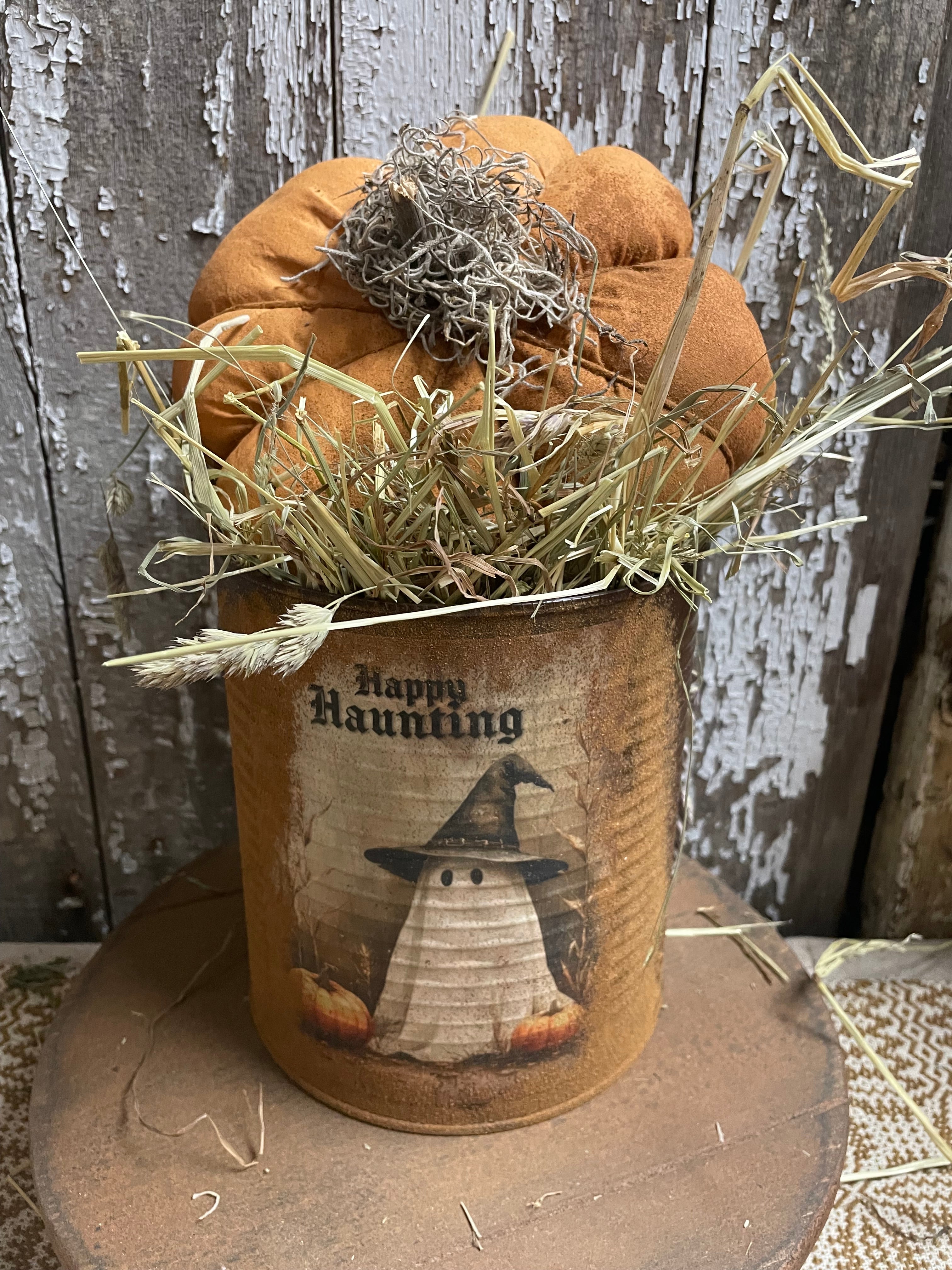 Primitive Pumpkin In Can Shelf Sitter 9x6
