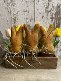 Primitive Tulips And Peeps In Blackened Wax Pots In Cheese Box 9x9