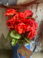 Primitive Geraniums In Antique Tea Pot Gathering 15x8