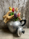 5 Primitive Tulips And Bunny In Antique Tea Pot Kettle Gathering 12x10