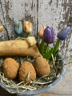 Primitive Bunny Tulips And Blackened Wax Eggs In Antique Enamelware Bowl 12x9