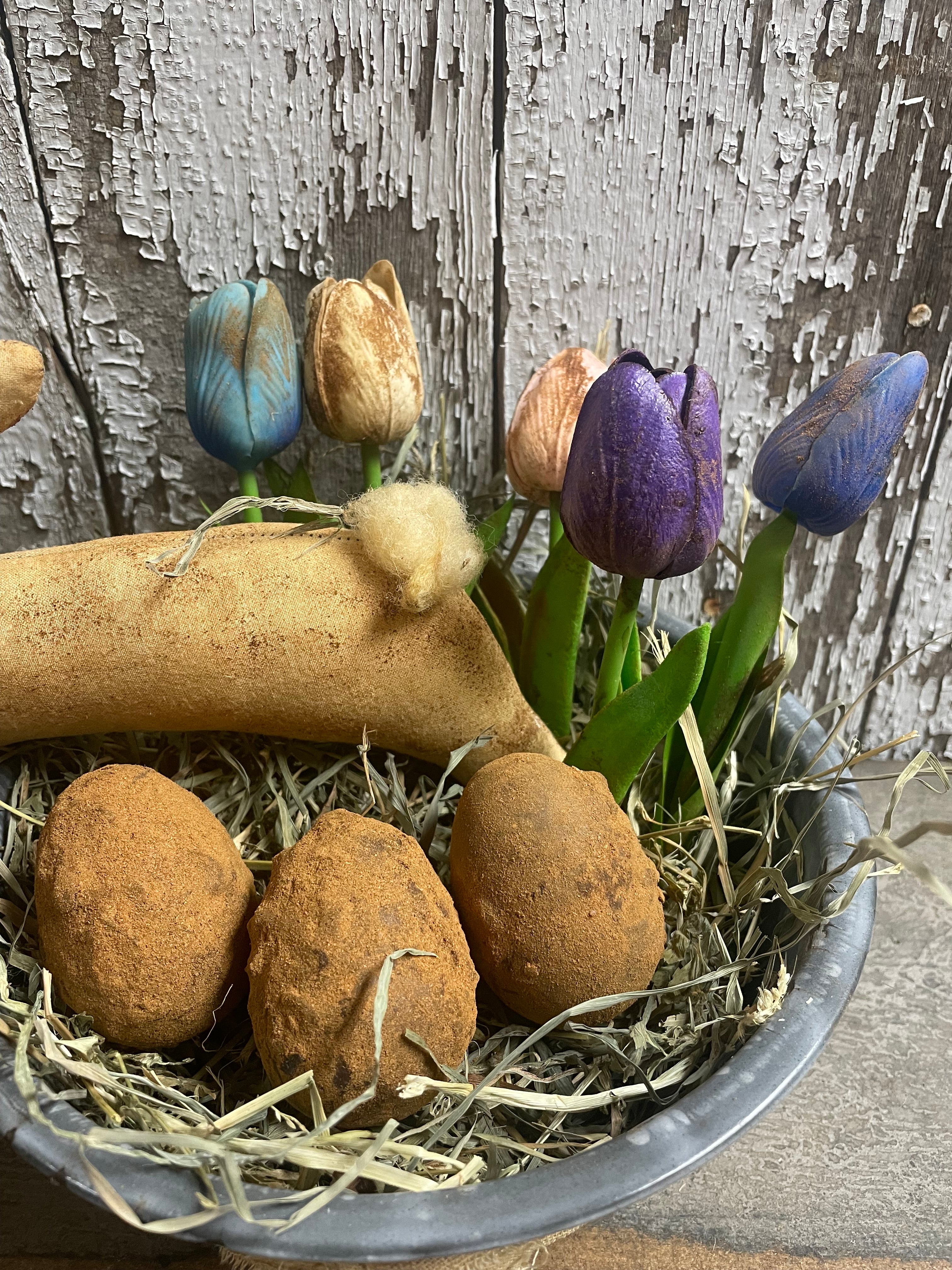 Primitive Bunny Tulips And Blackened Wax Eggs In Antique Enamelware Bowl 12x9
