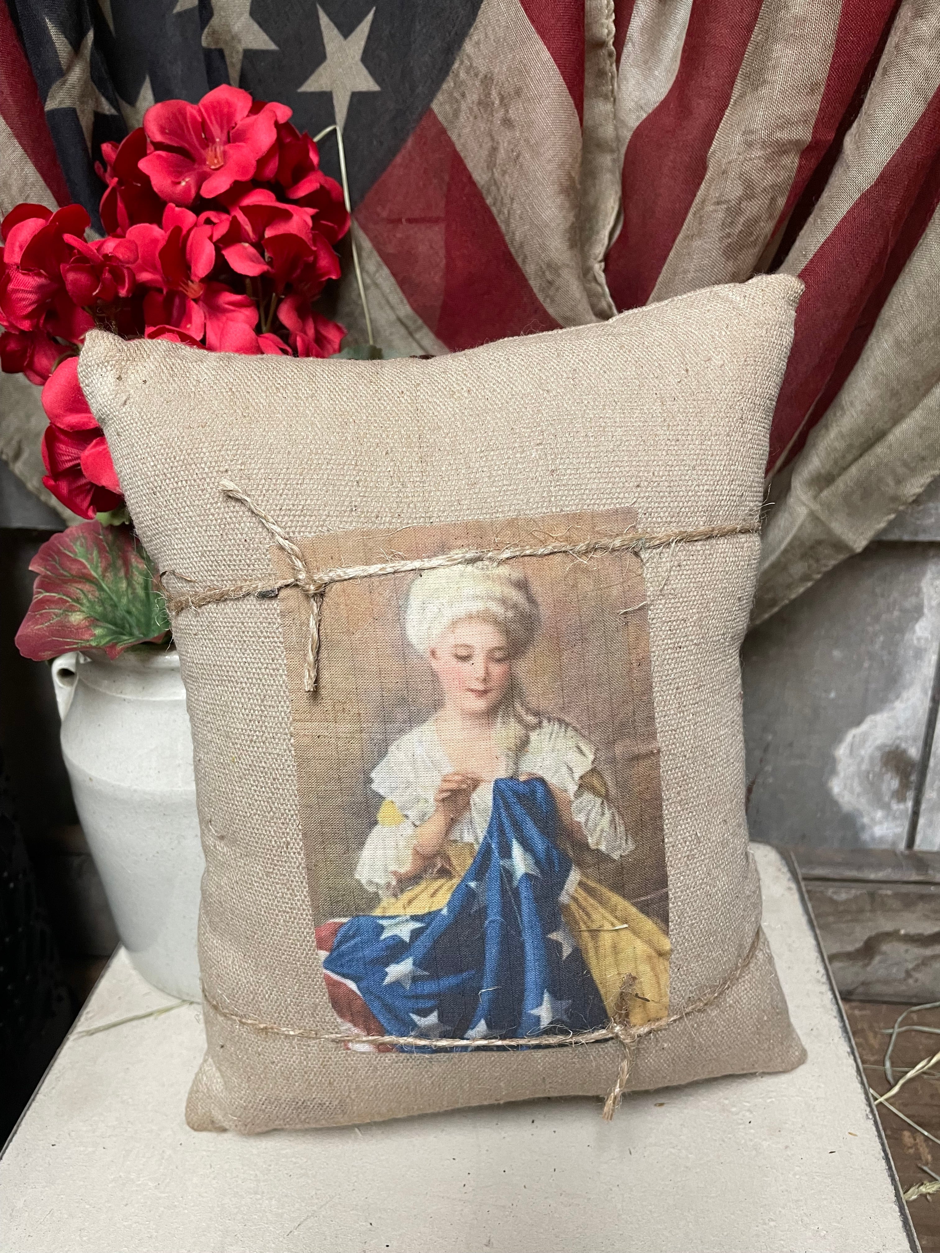 Small Primitive Americana Feedsac Pillow 10x8