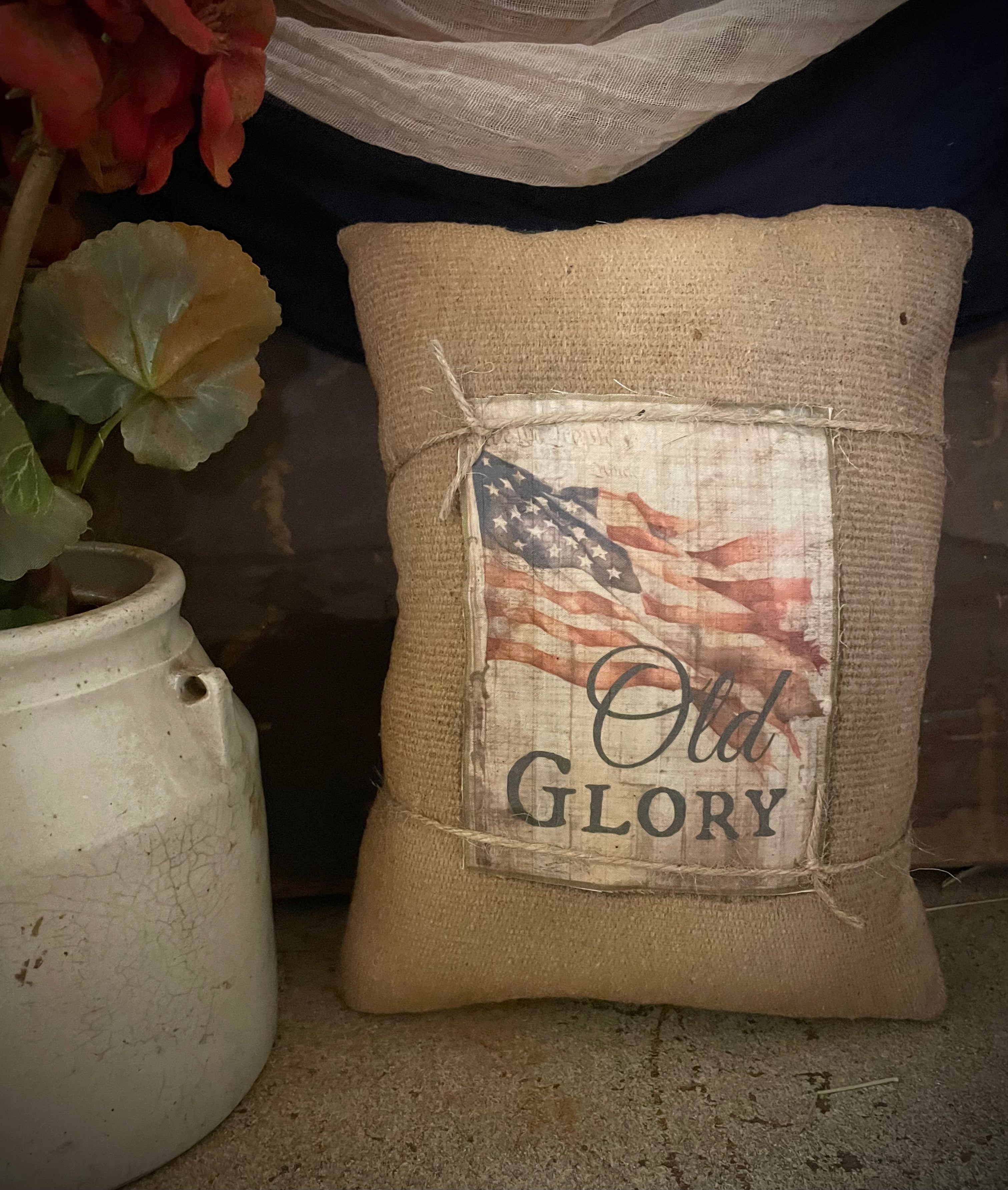Small Primitive Americana Feedsac Pillow 10x8