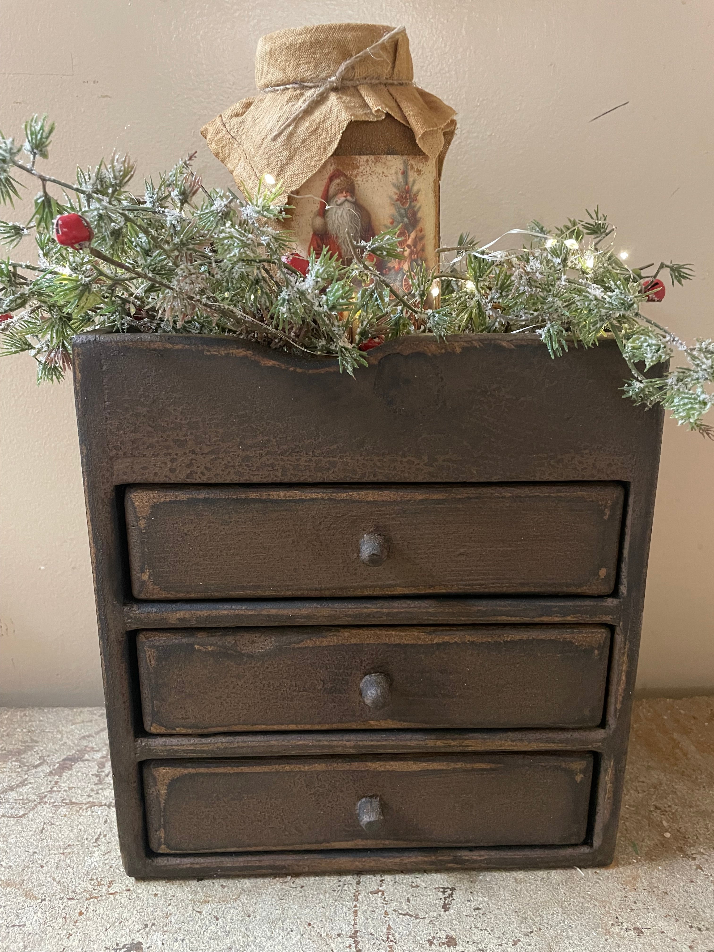 Primitive Wooden Three Drawer Cubby 11x10x8 Brown Over Mustard