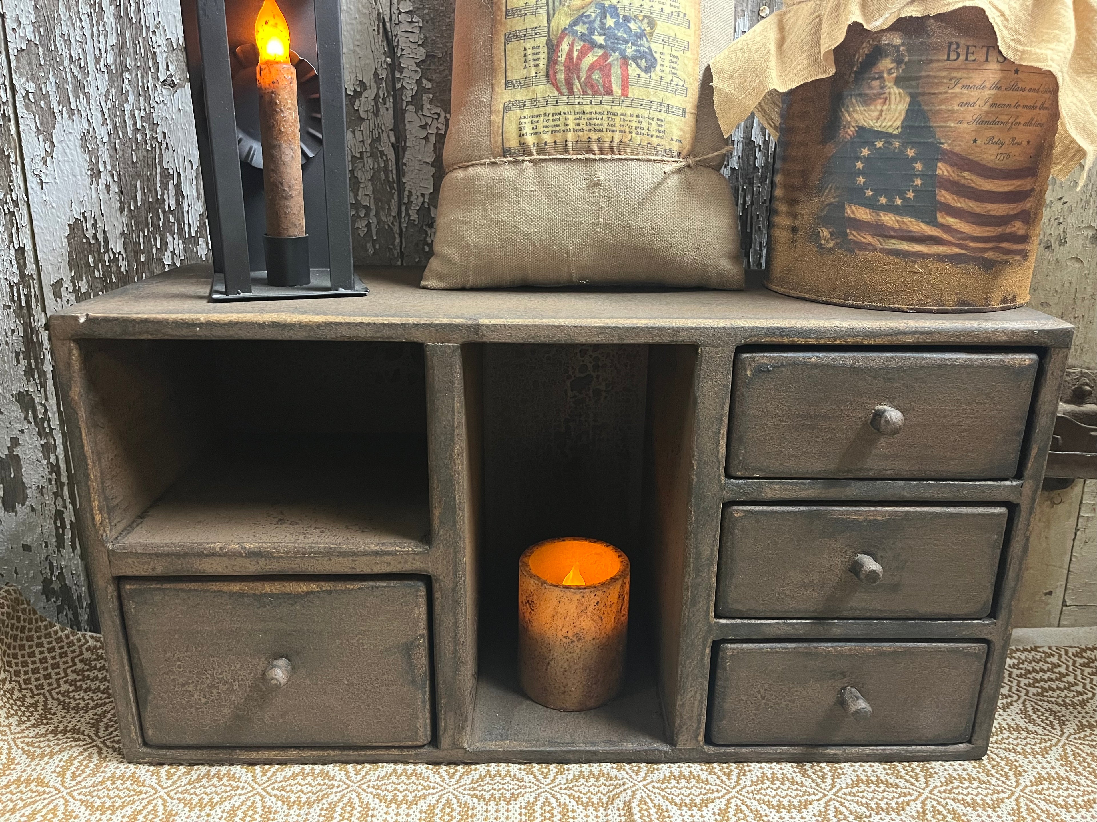 Primitive Wooden Four Drawer Cubby 21x11x7 Brown
