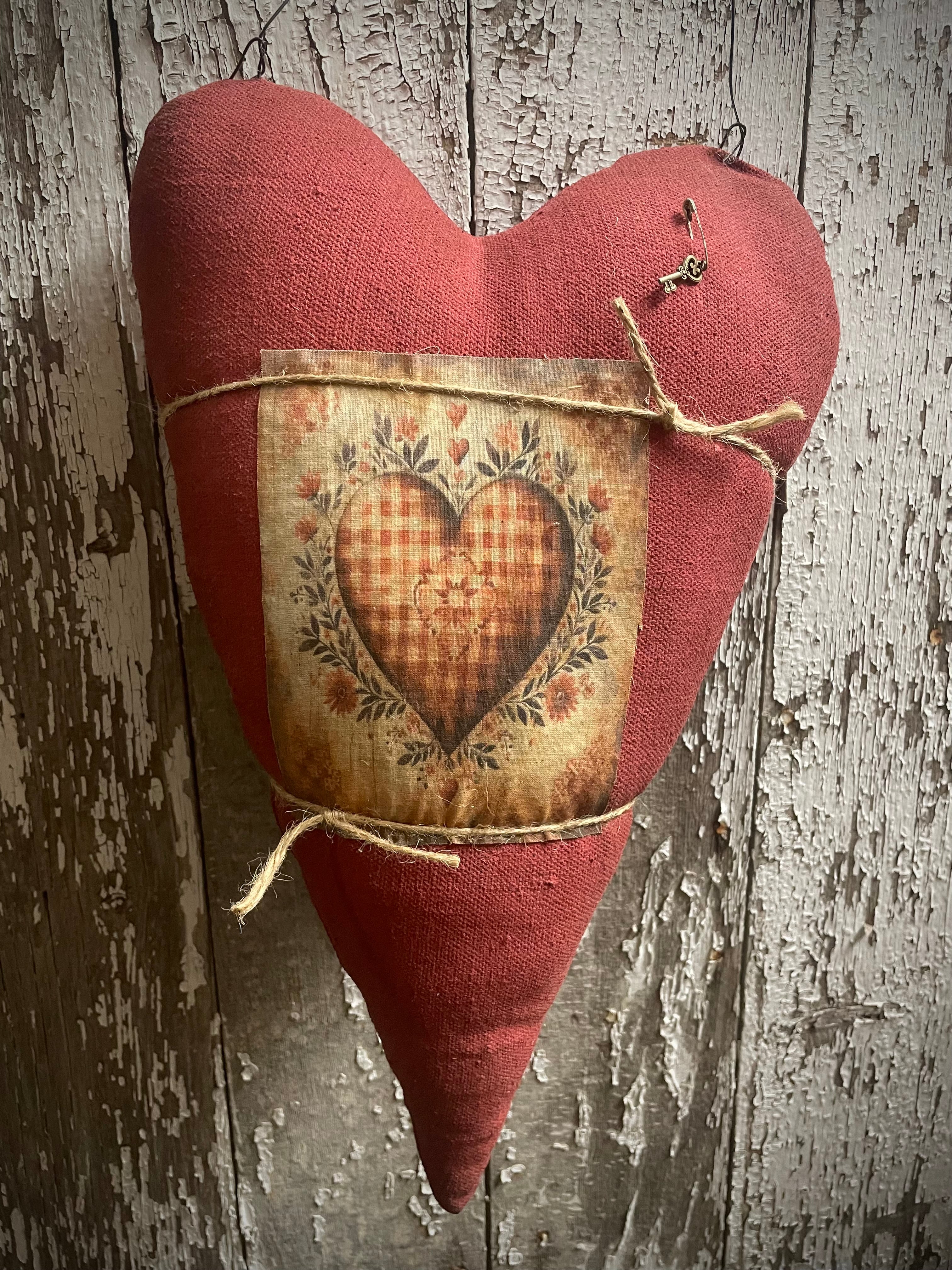 Primitive Grungy Feedsac Heart Door Hanger With Picture Red 18x11