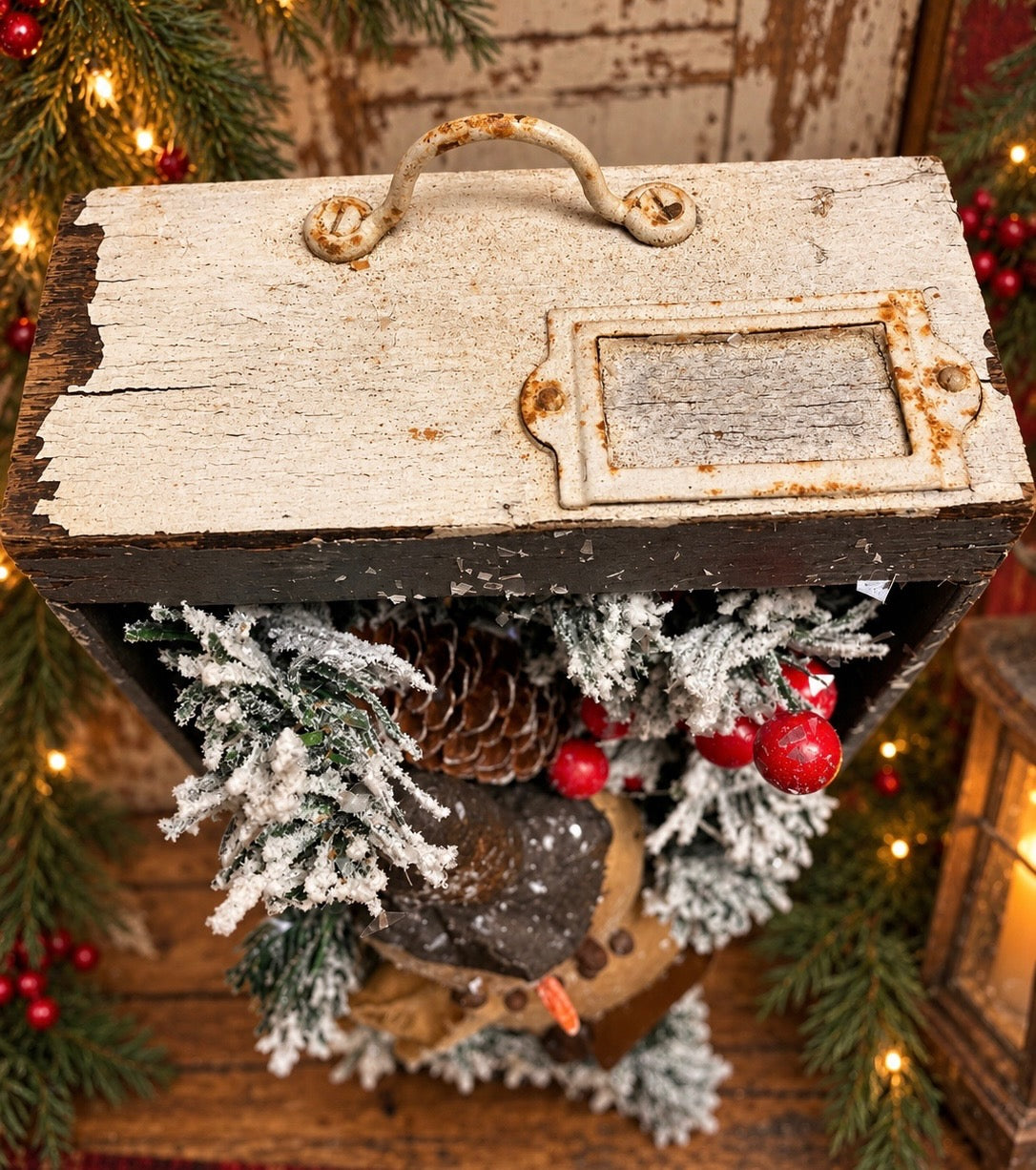 Primitive Snowman In Antique Filing Drawer Gathering 17x6