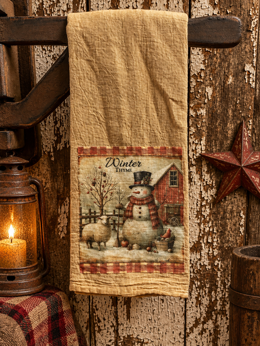 Primitive Decorative Winter Flour Sac Towel With Picture 28x29