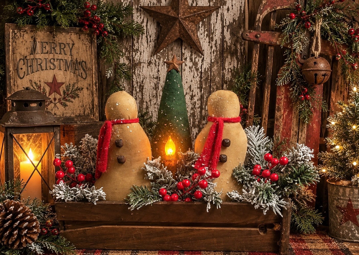 Primitive Snowman In Antique Sewing Drawer Gathering 14x16