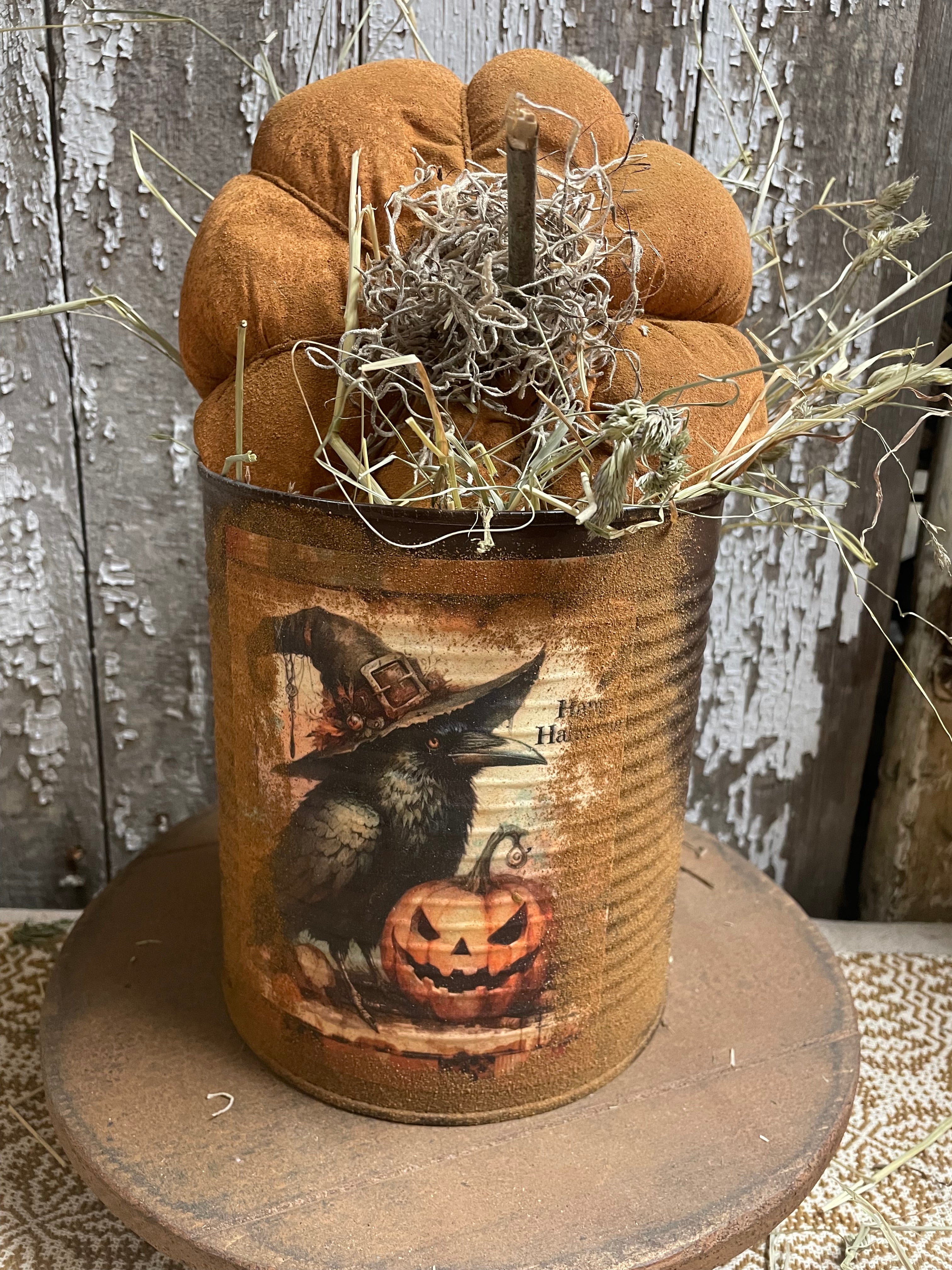 Primitive Pumpkin In Can Shelf Sitter 9x6