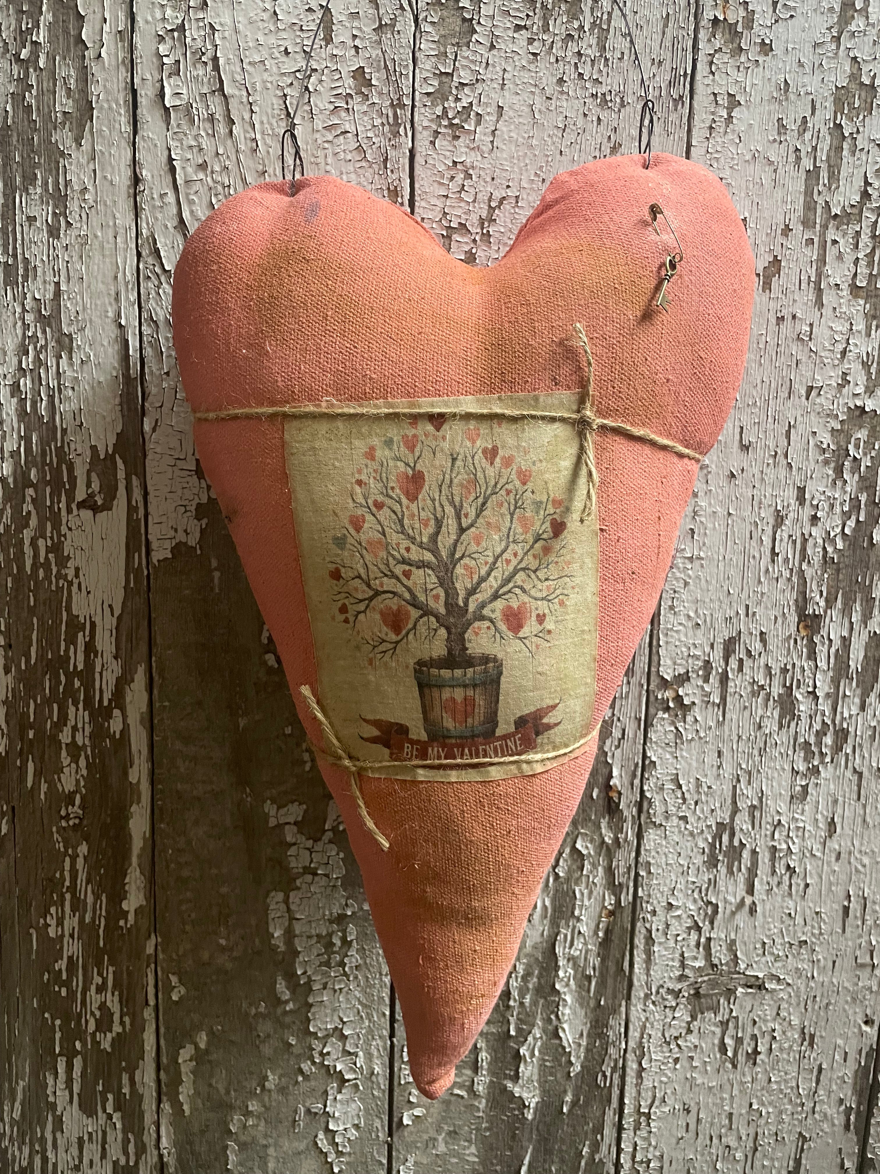 Primitive Grungy Feedsac Heart Door Hanger With Picture Pink 18x11