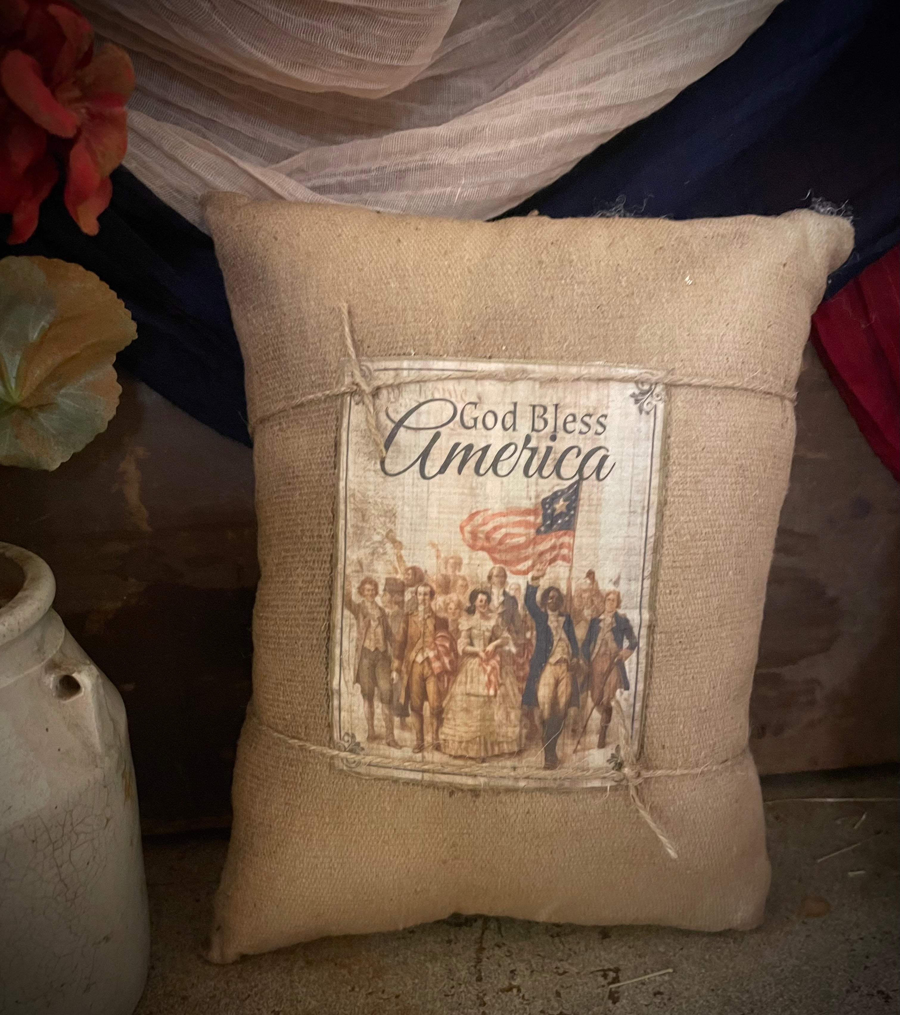 Small Primitive Americana Feedsac Pillow 10x8