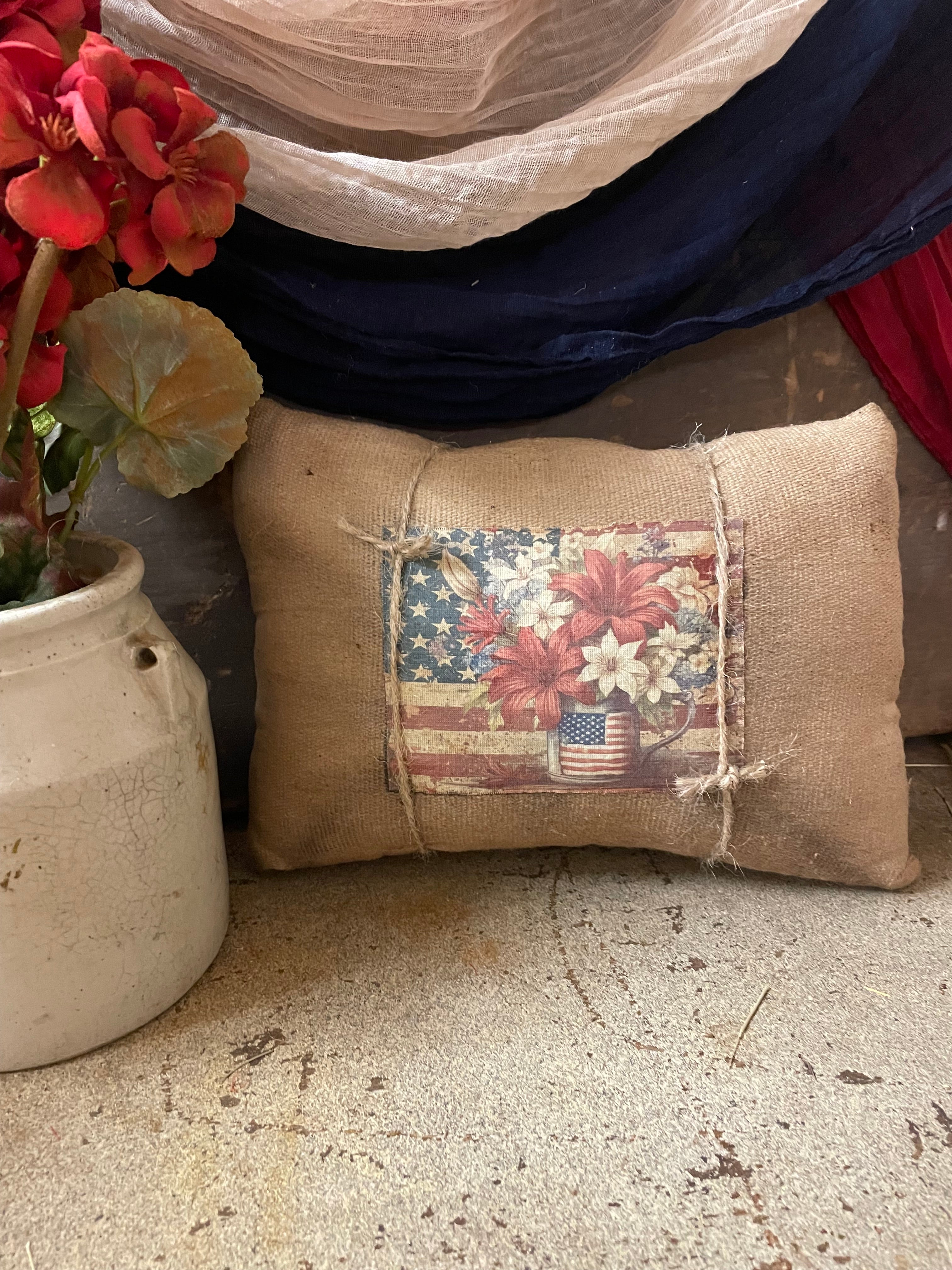 Small Primitive Americana Feedsac Pillow 10x8
