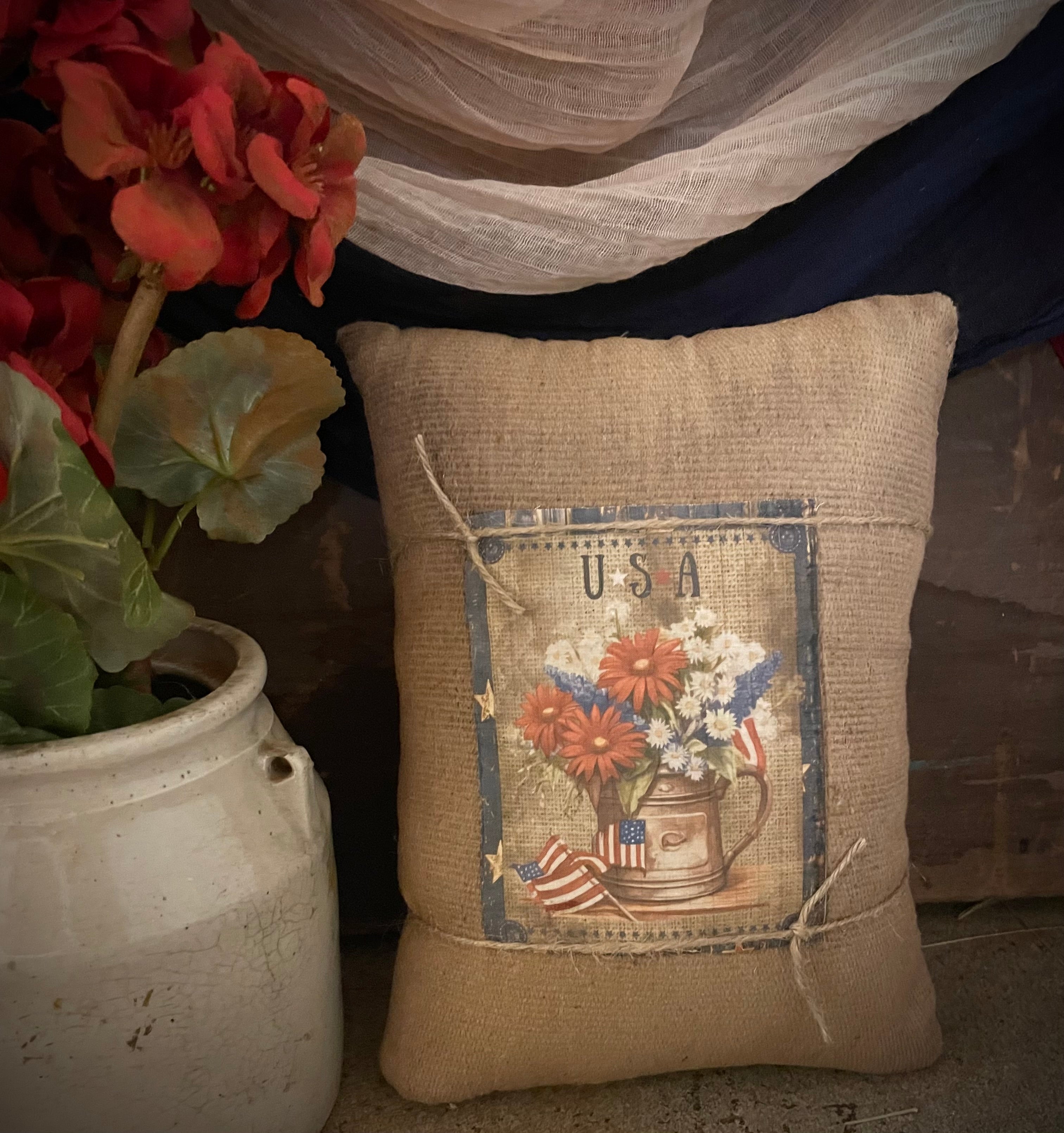 Small Primitive Americana Feedsac Pillow 10x8