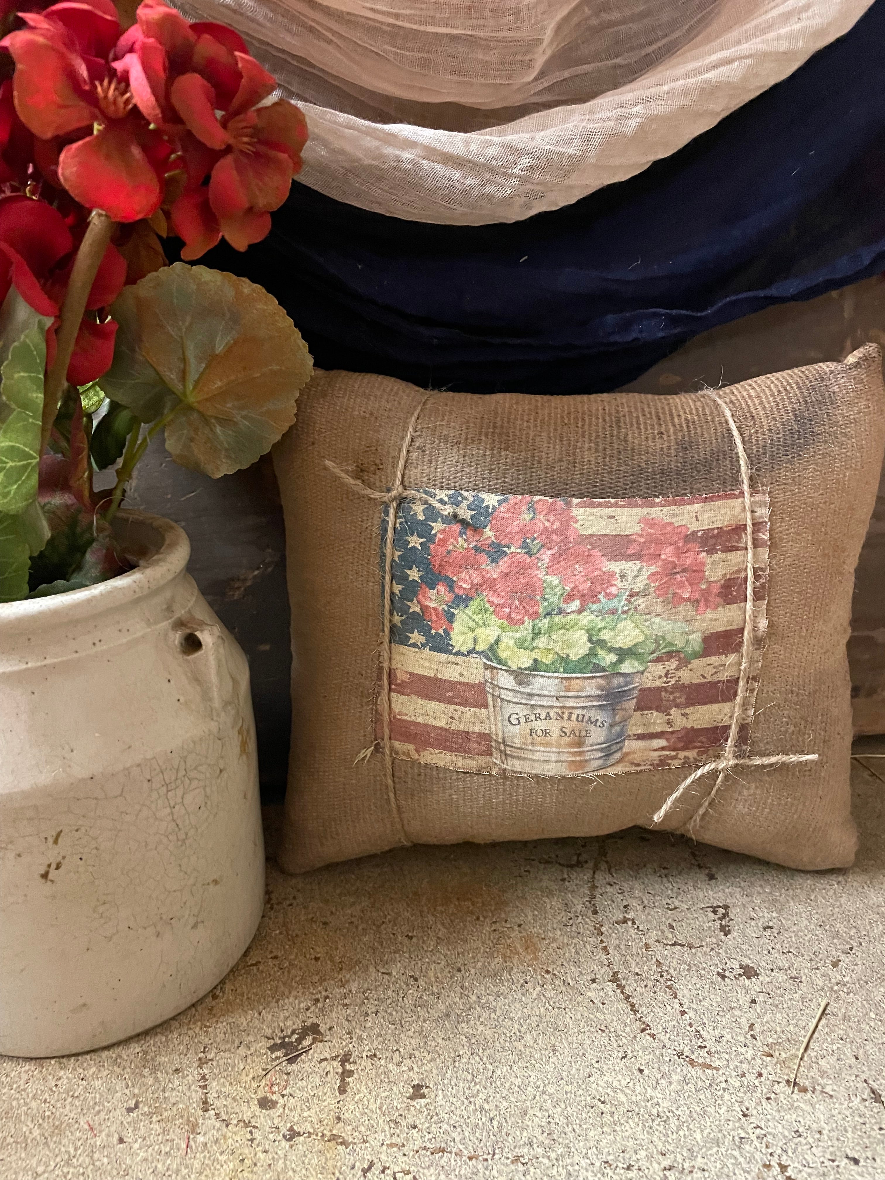 Small Primitive Americana Feedsac Pillow 10x8