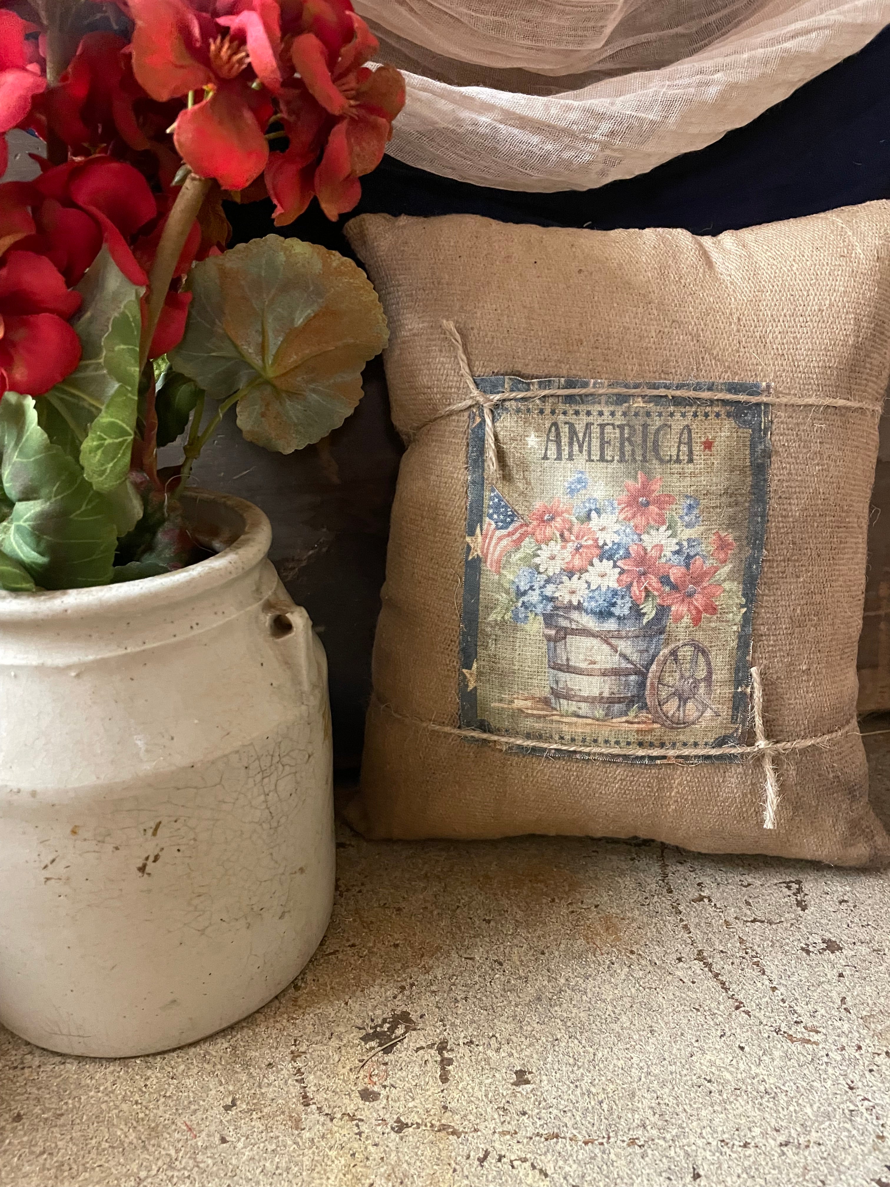 Small Primitive Americana Feedsac Pillow 10x8