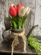 7 Primitive Tulips In Antique Oil Can Gathering 10x9