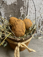 3 Primitive Blackened Wax Eggs In Basket Gathering 6x5
