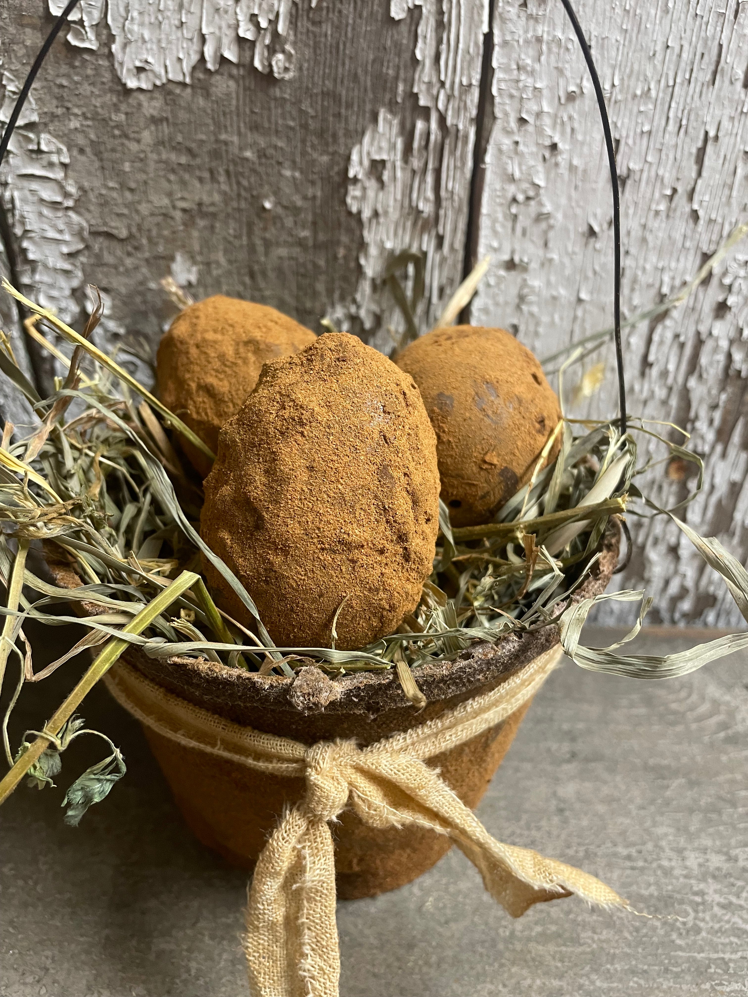 3 Primitive Blackened Wax Eggs In Basket Gathering 6x5