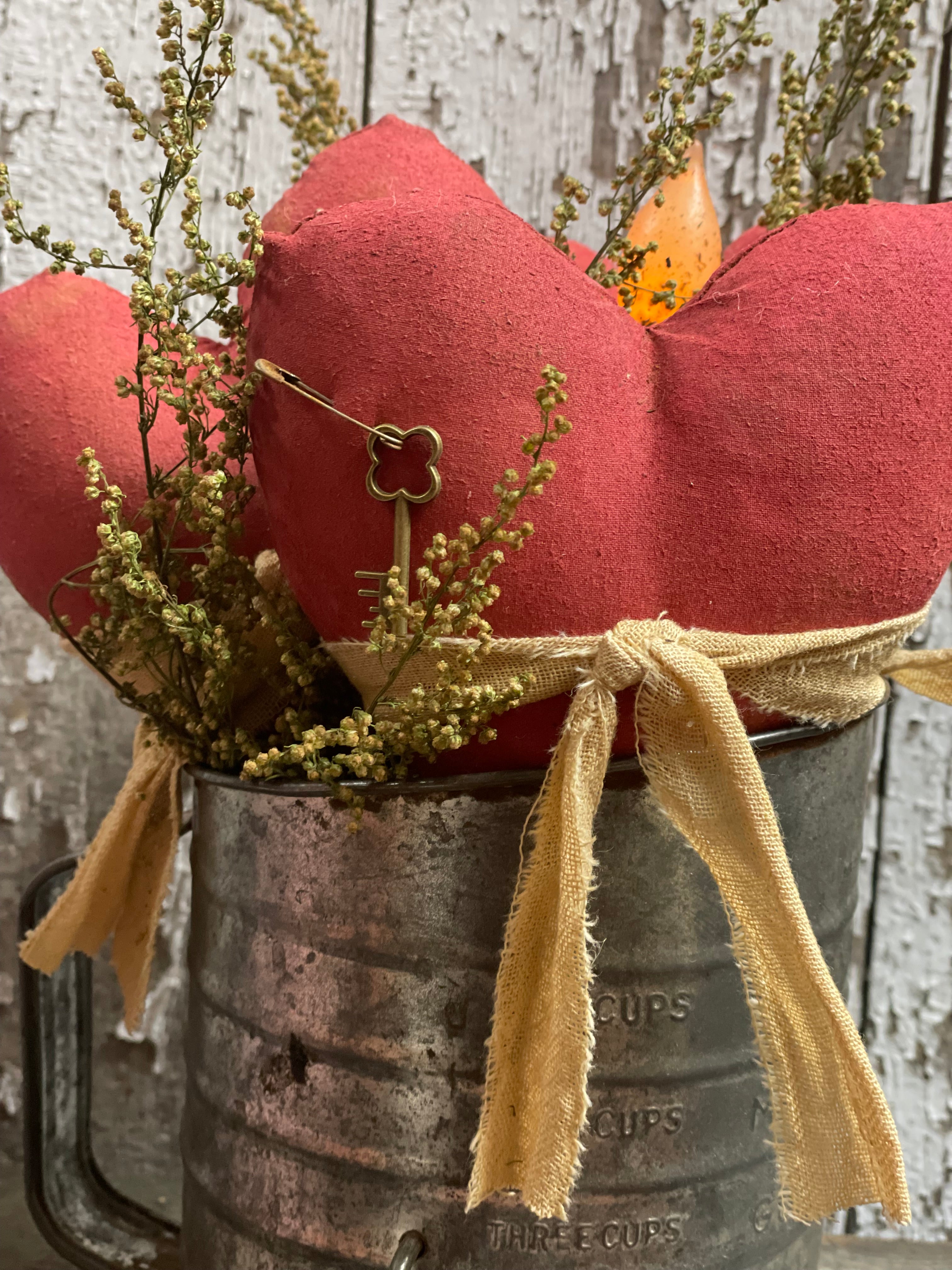 Primitive Valentines Hearts In Antique Sifter Gathering 12x6