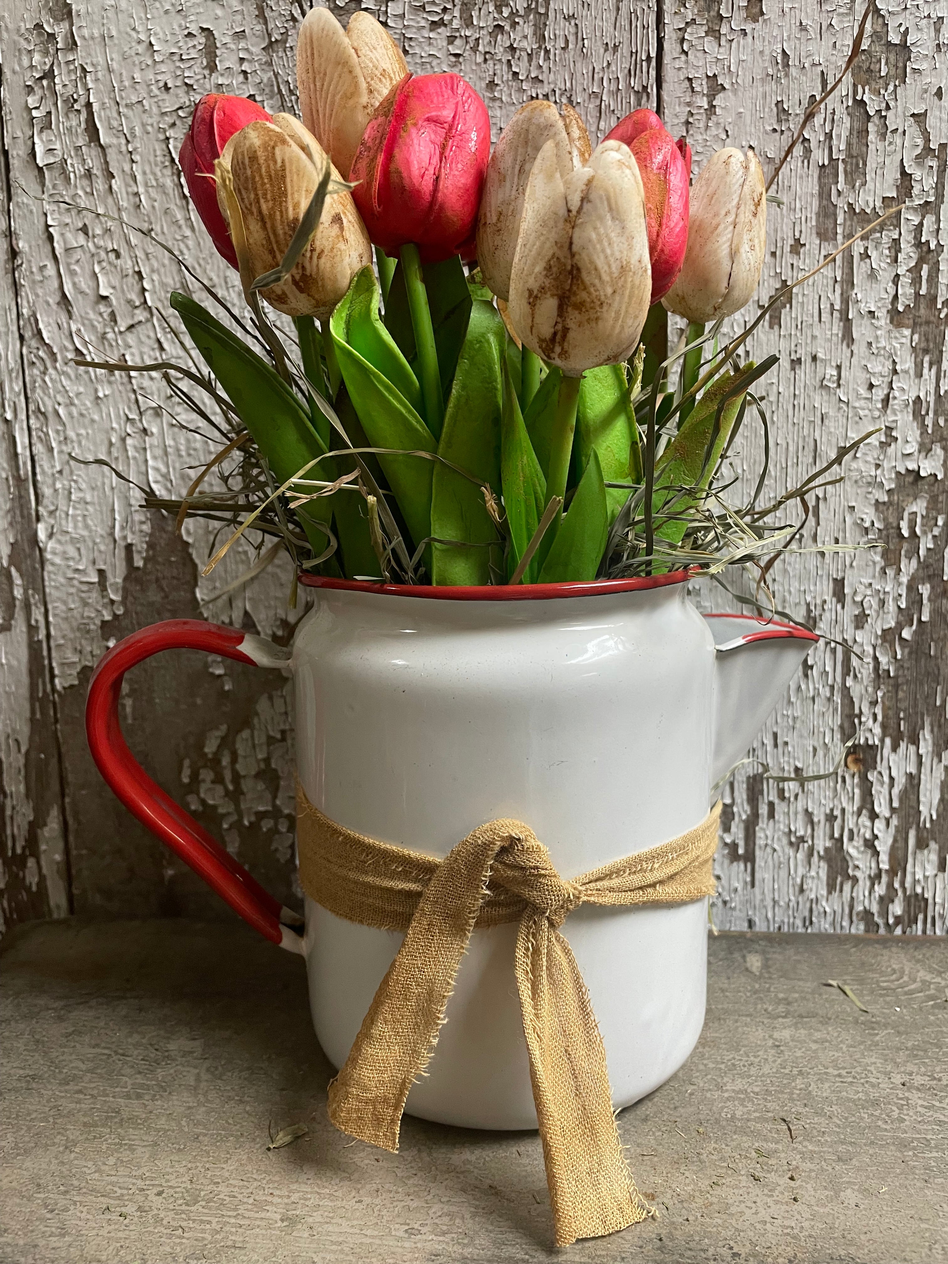 12 Primitive Tulips In Antique Tea Pot Gathering 12x9
