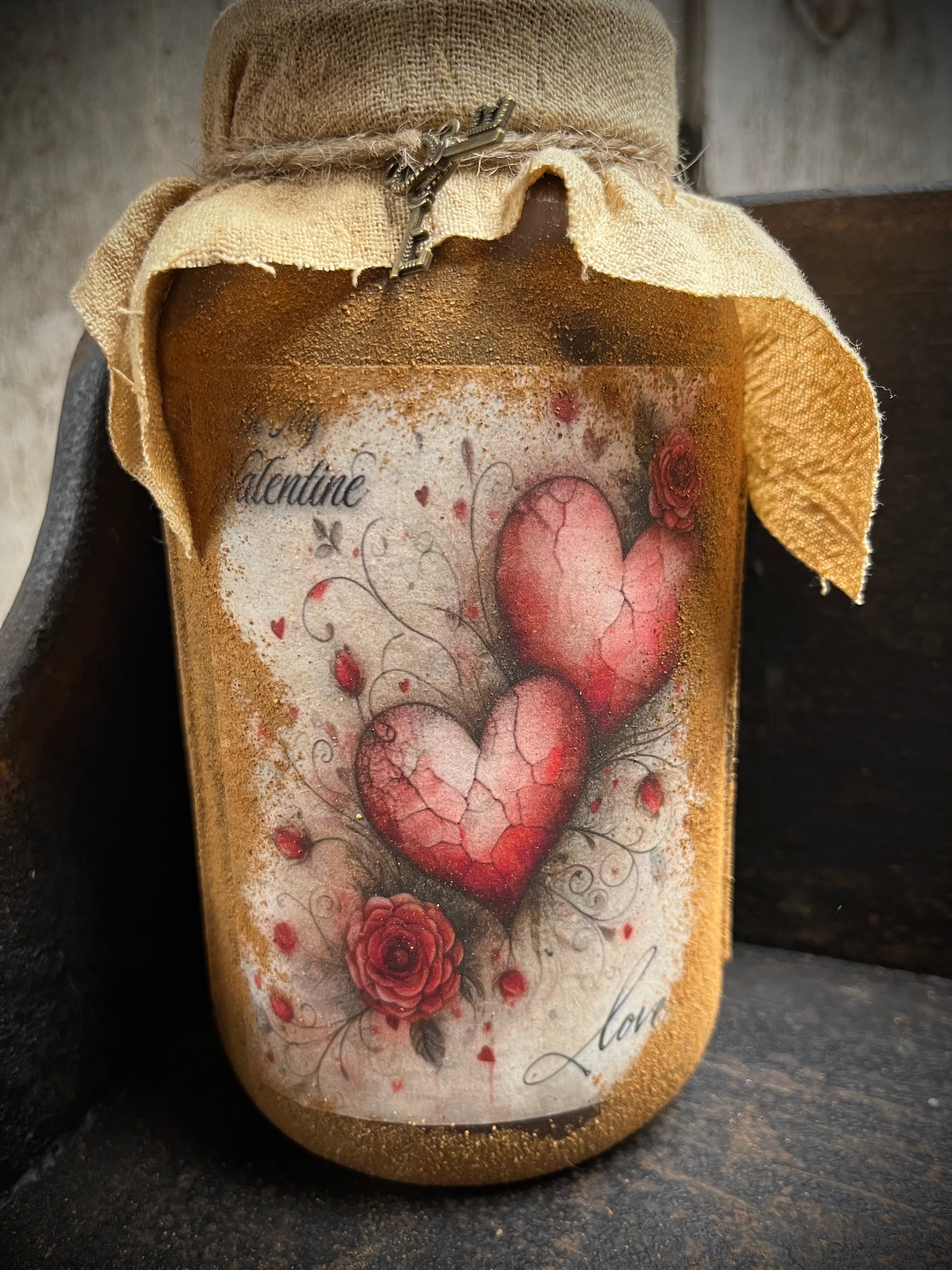 Primitive Valentines Jar With Picture And Keys 6x4