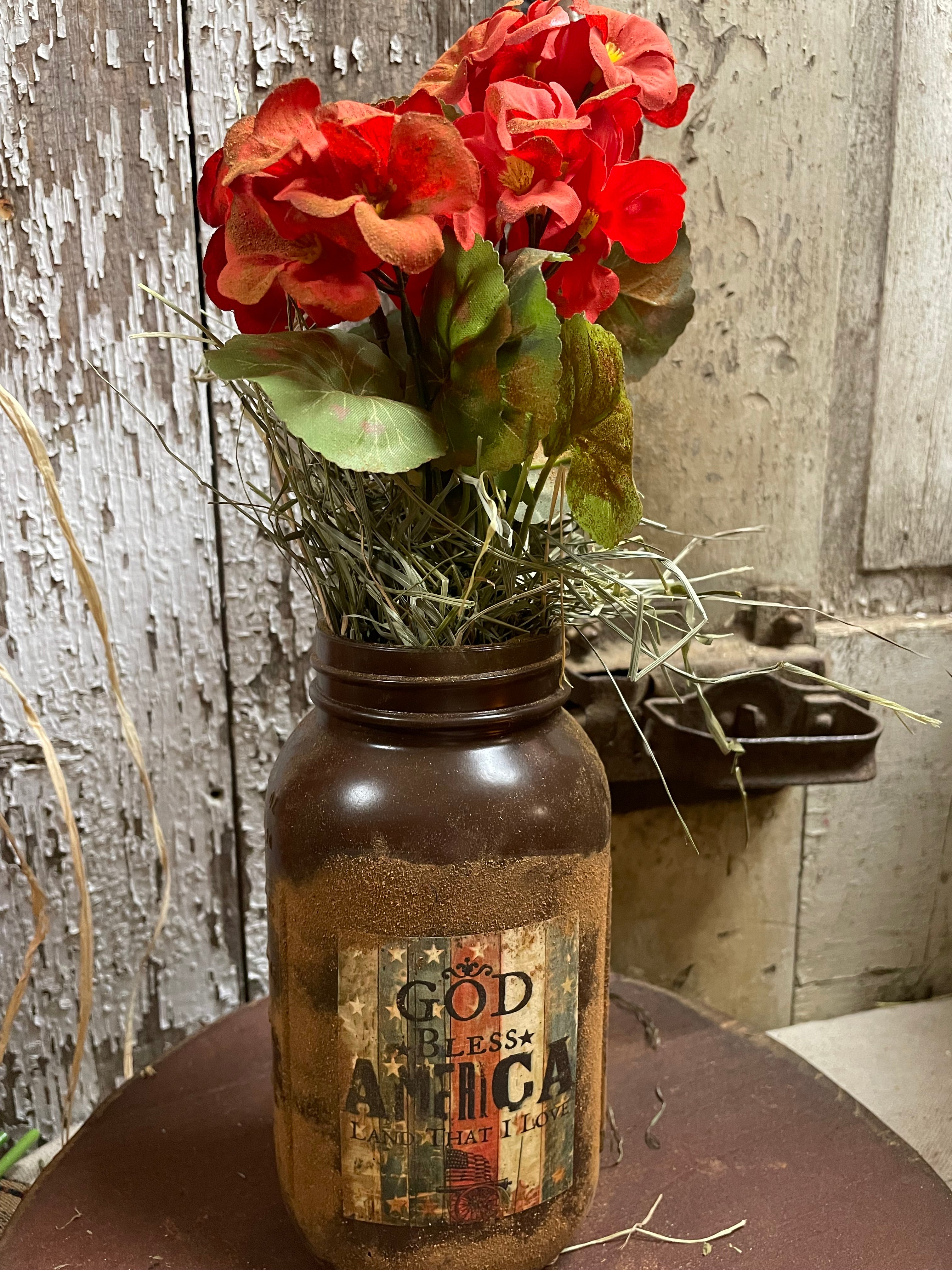 Primitive Geraniums In Jar With Picture 12x5