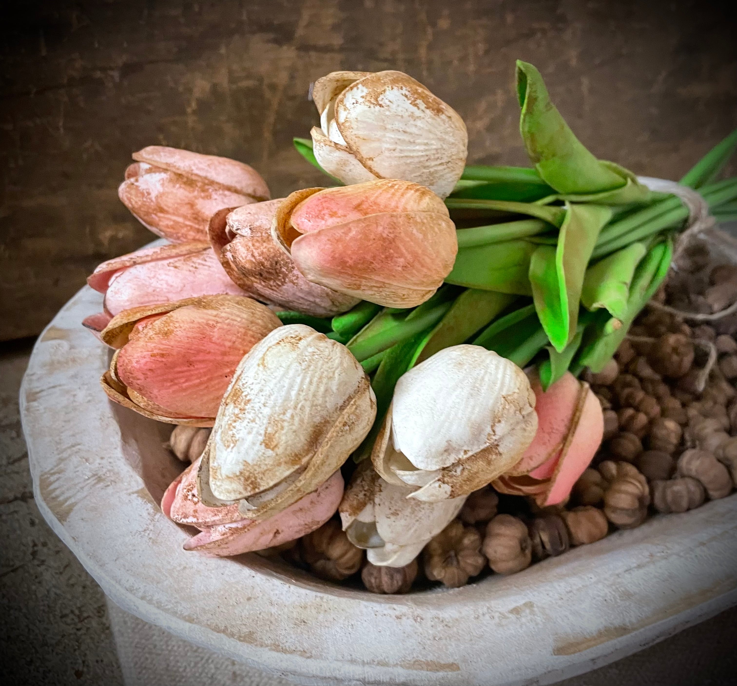 12 Primitive Grunged White And Pink Faux Tulips 14x1