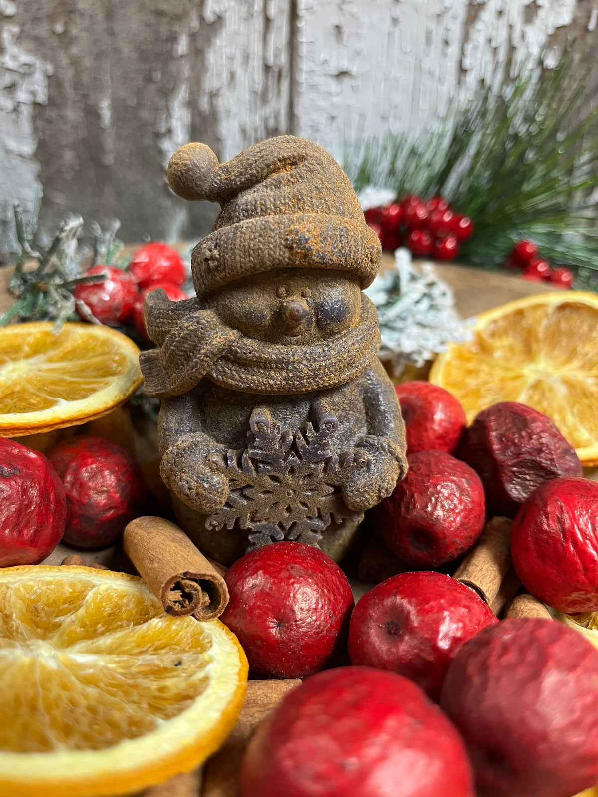 Primitive Blackened Wax Snowman With Dried Goods Bowl Fillers 4x2