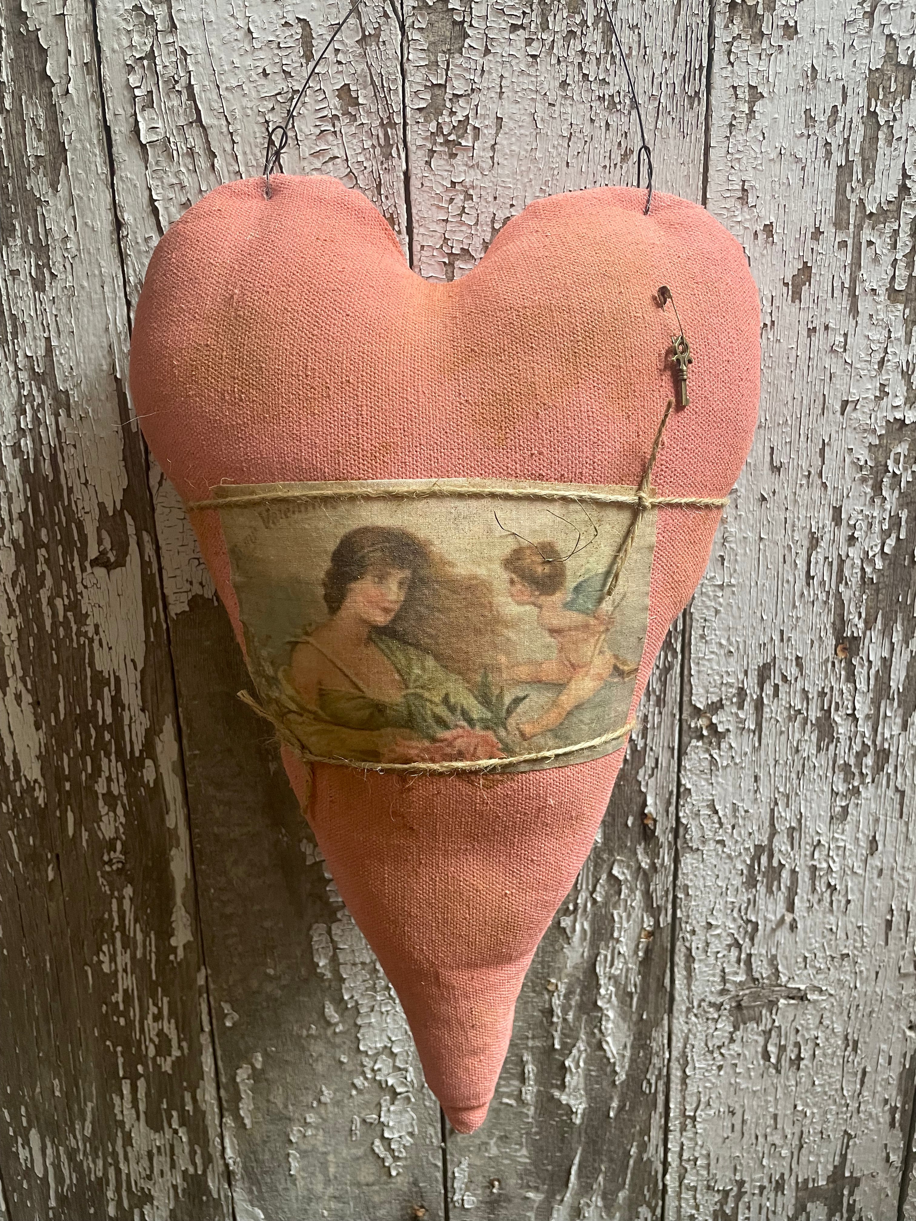 Primitive Grungy Feedsac Heart Door Hanger With Picture Pink 18x11